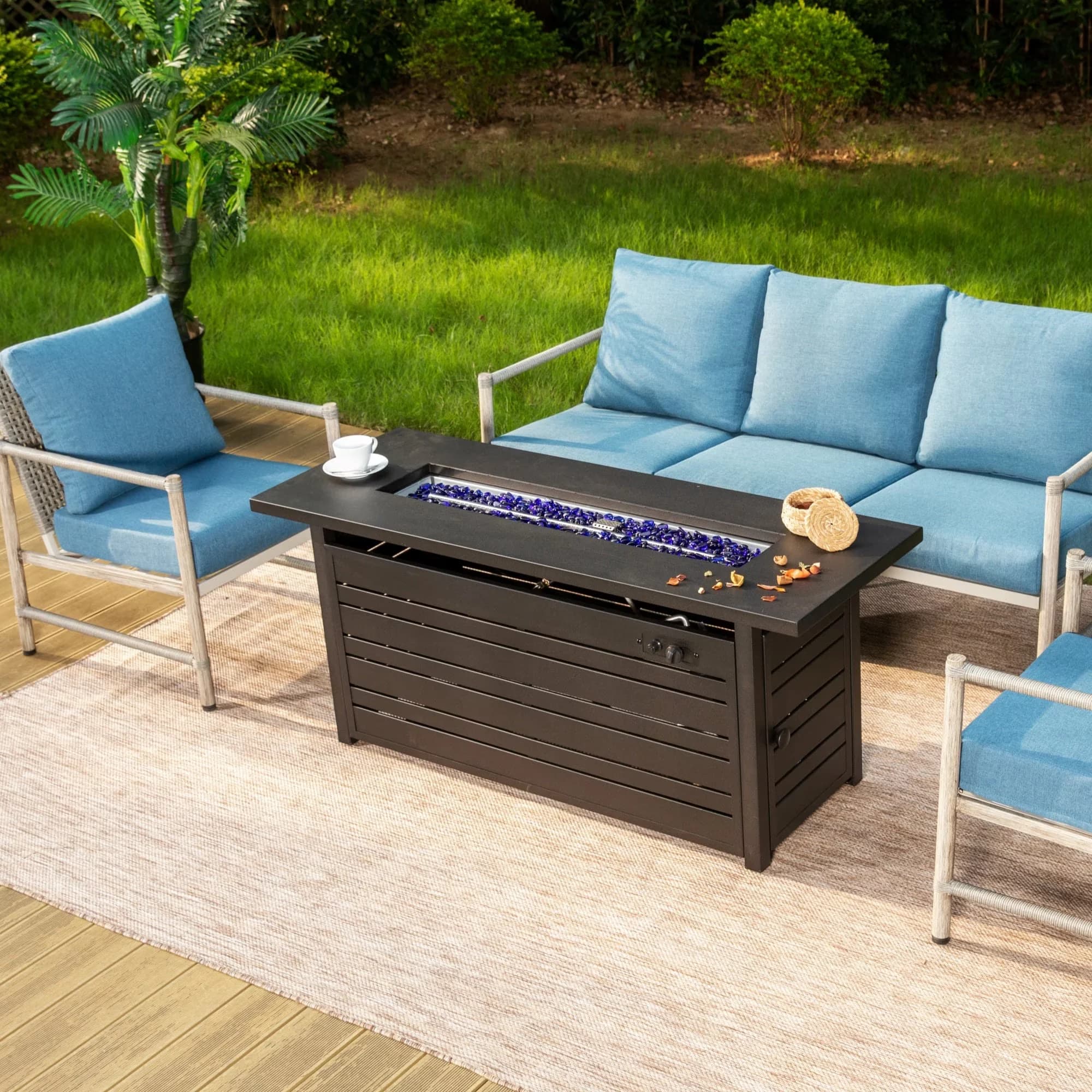 Outdoor Heating Modern with 50000 BTU, Smokeless, Lid and Blue Fire Glass - Black Steel Model F8AFE6