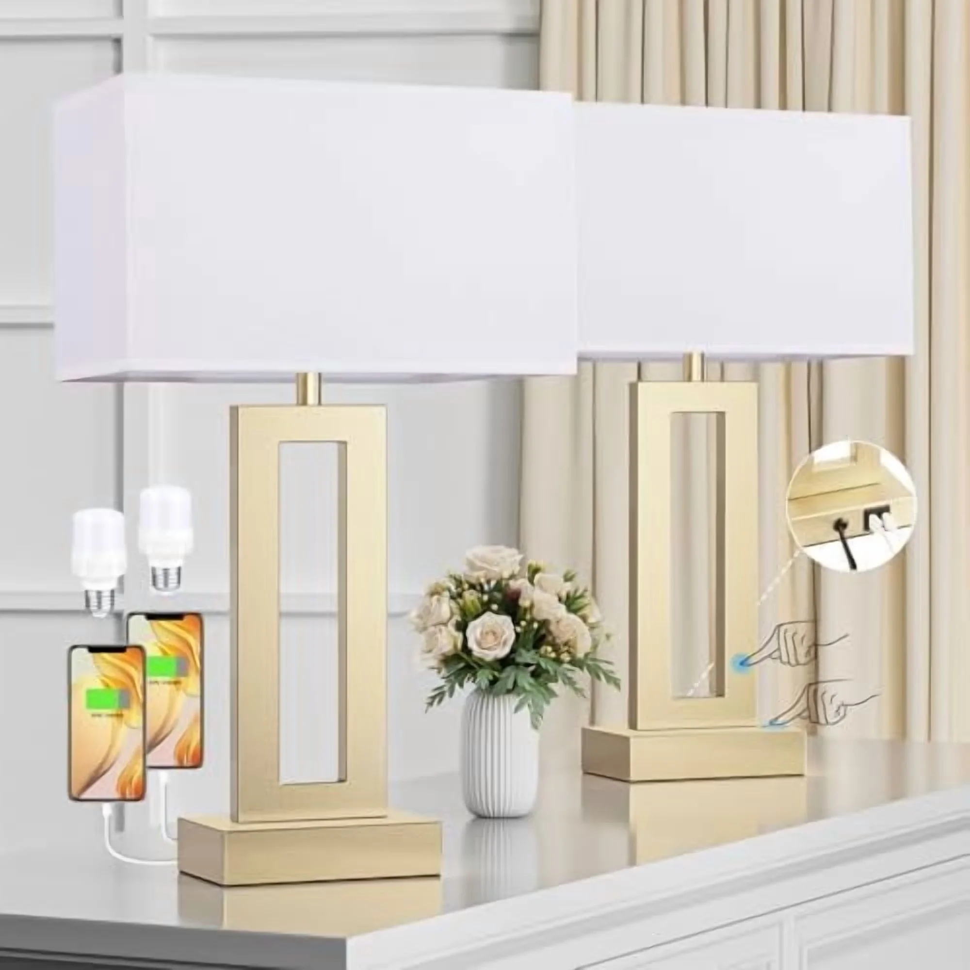 Reliable Lamp Set with LED, Dimmable, Nightstand Table Lamps - Linen - Rustic Charm Model B966EE