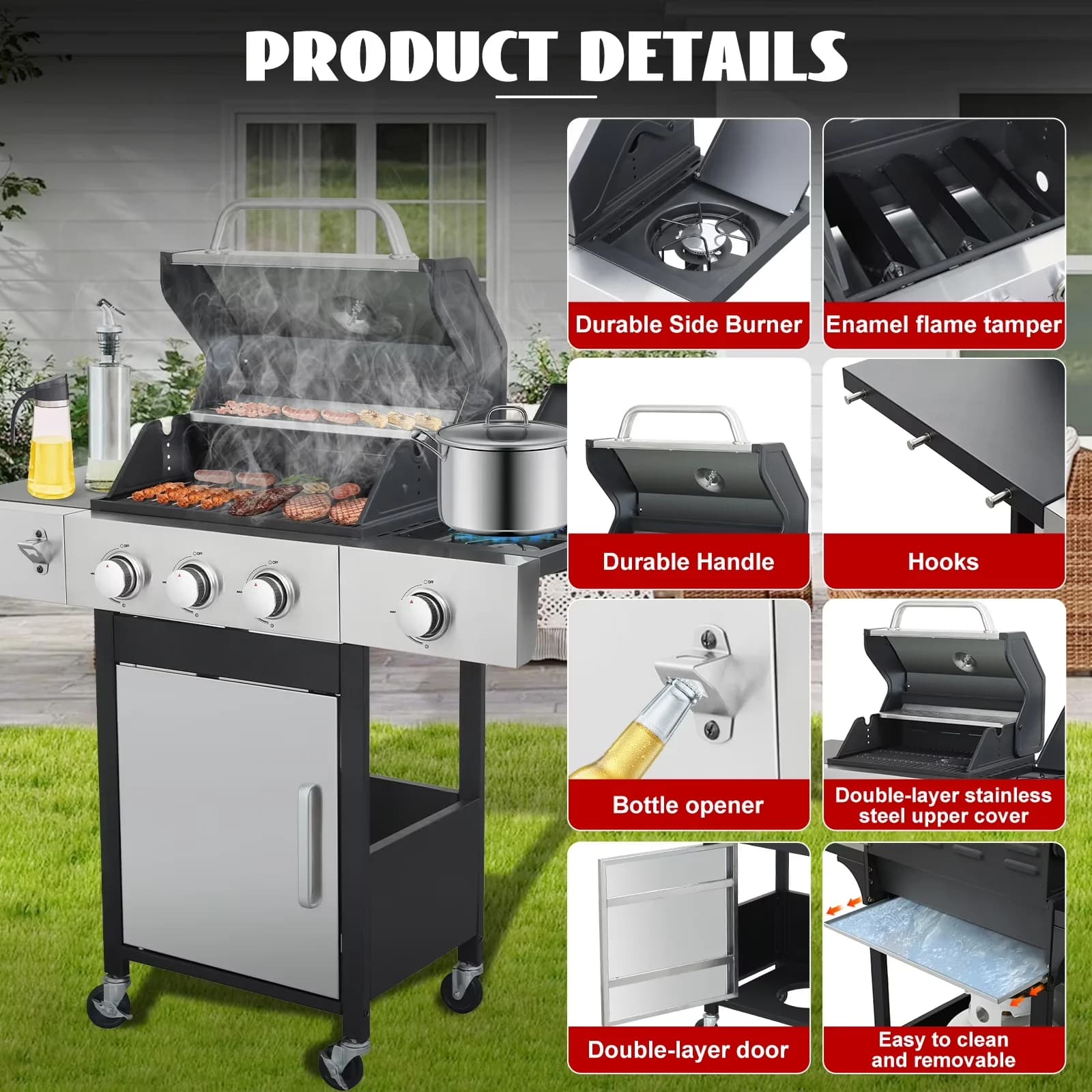Gas Grill Efficient with Portable, Heat Thermometer, Warming Rack - Stainless Steel Model C314AC