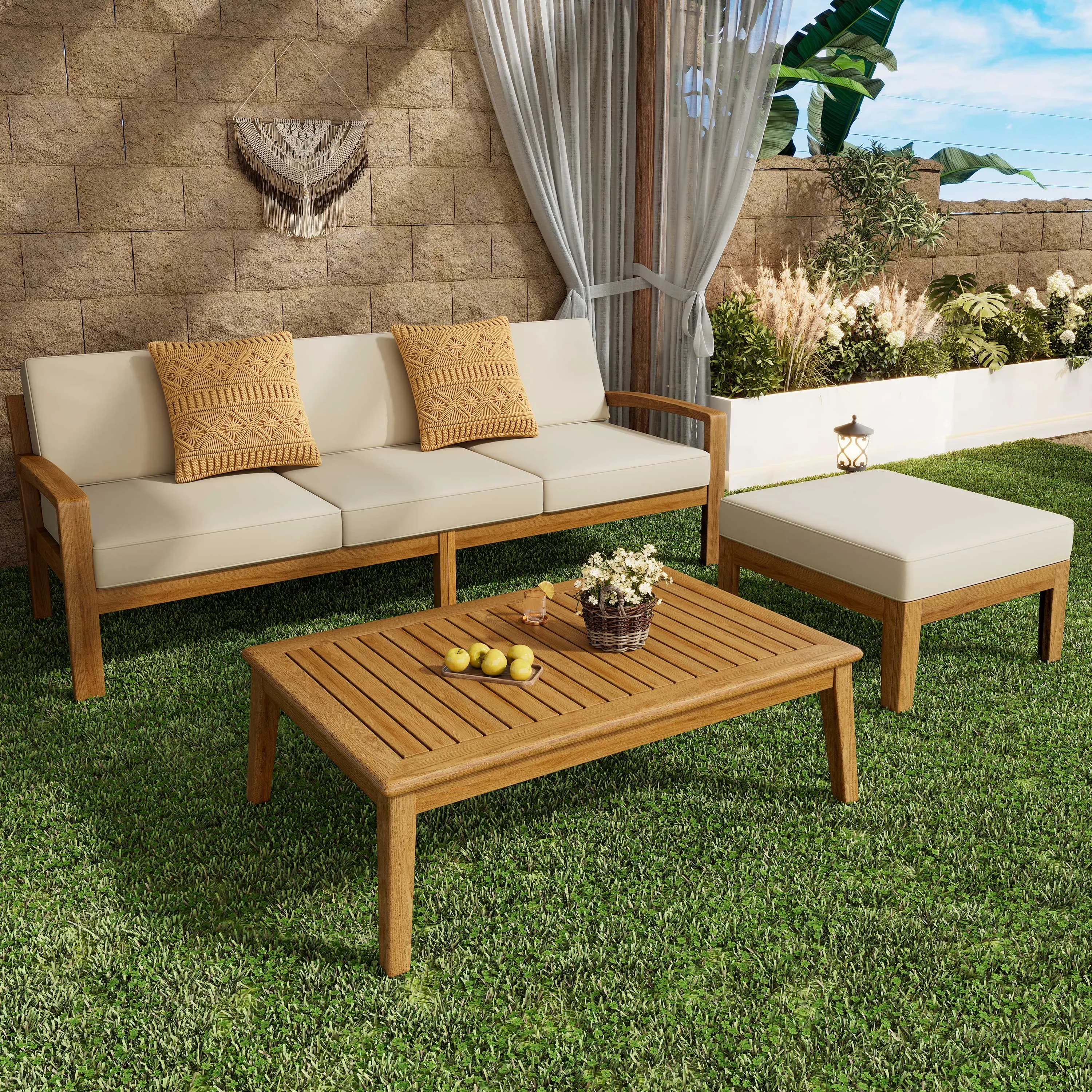 Essential Outdoor Sofas Sectional with Weather-Resistant, Water-Resistant - Brown Acacia Wood,Fabric Model 6DE795