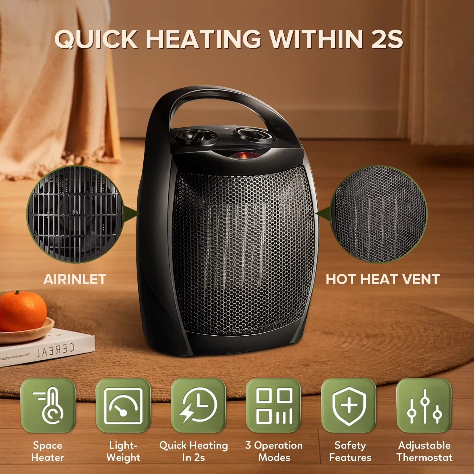 Portable And Electric Space Heater Quality with 950W, Adjustable, Compact 950W/1500W - Model 87A4AA