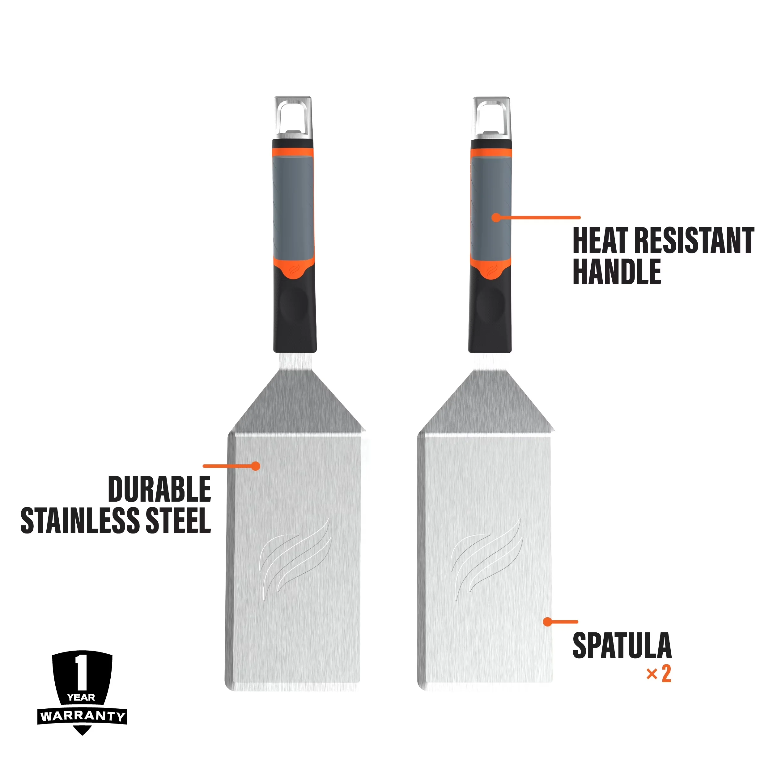 Flat Top Grill Essential with Ergonomic slip-resistant grip handle, 2-Pack, Bottle-opener handle - Stainless Steel Black Model 4D77F4
