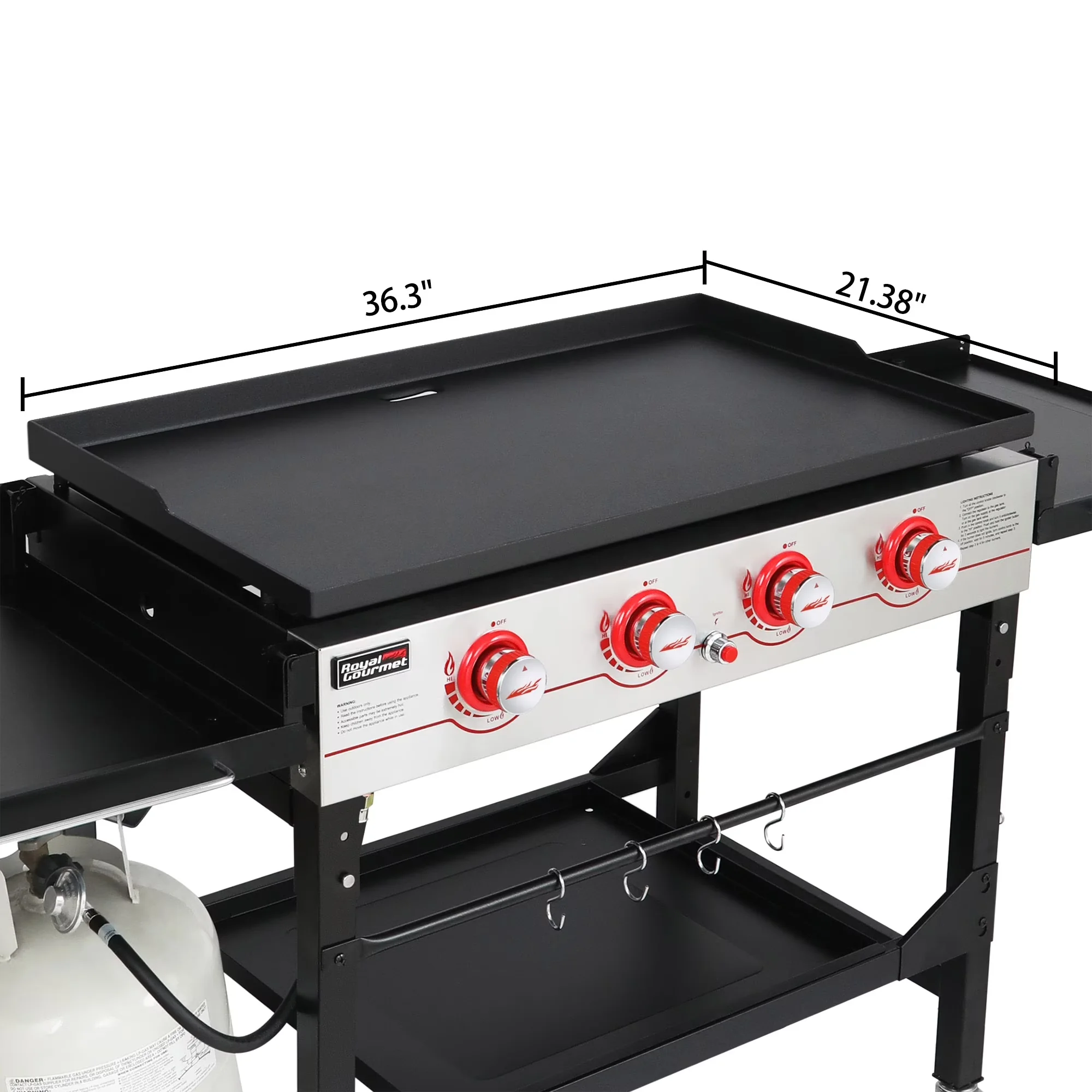 Reliable Flat Top Grill with Folding Side Shelves and Legs, 36" Gas Griddle, Cover Lid - Black Aluminum for Large, Outdoor Model 4A14CA