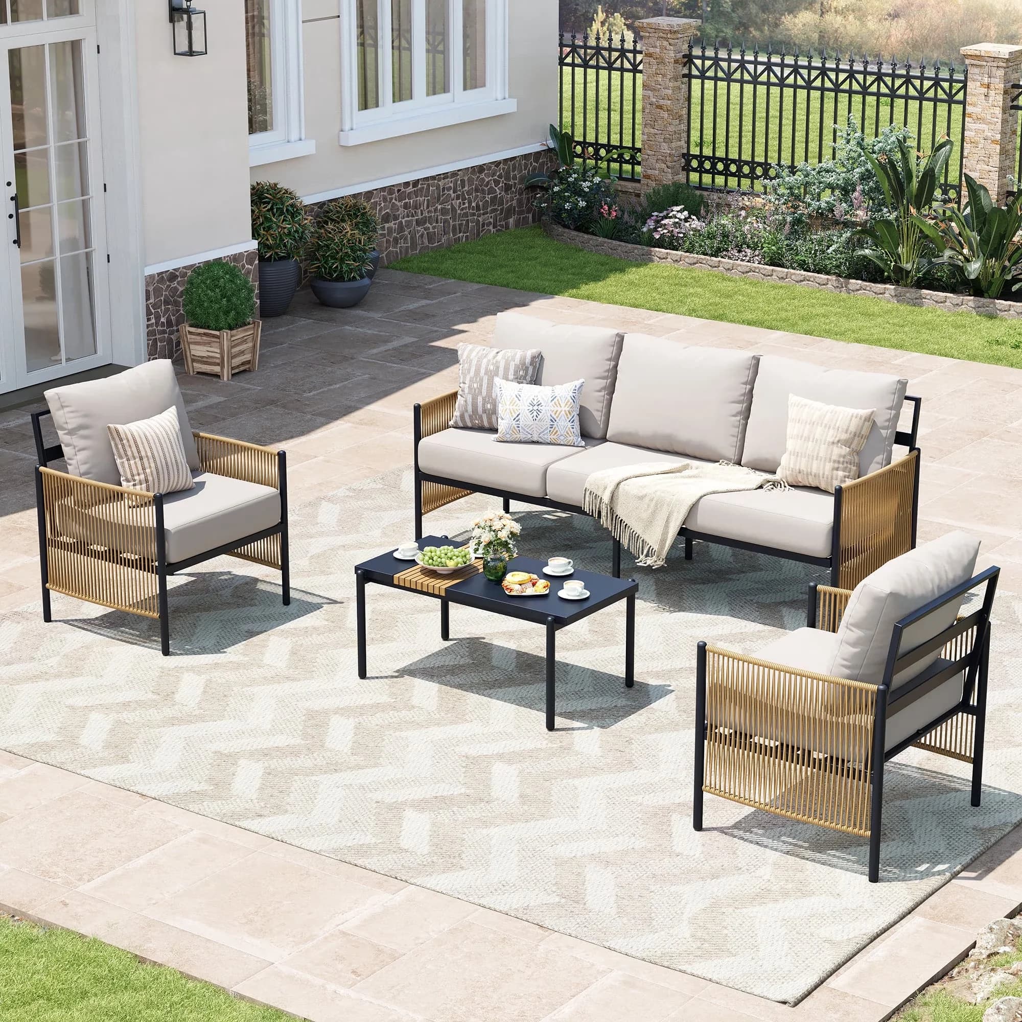 Patio Conversation Set Versatile with Weatherproof, Thick Cushions, Outdoor Furniture - Indigo Ink Aluminum, Iron Model 477276