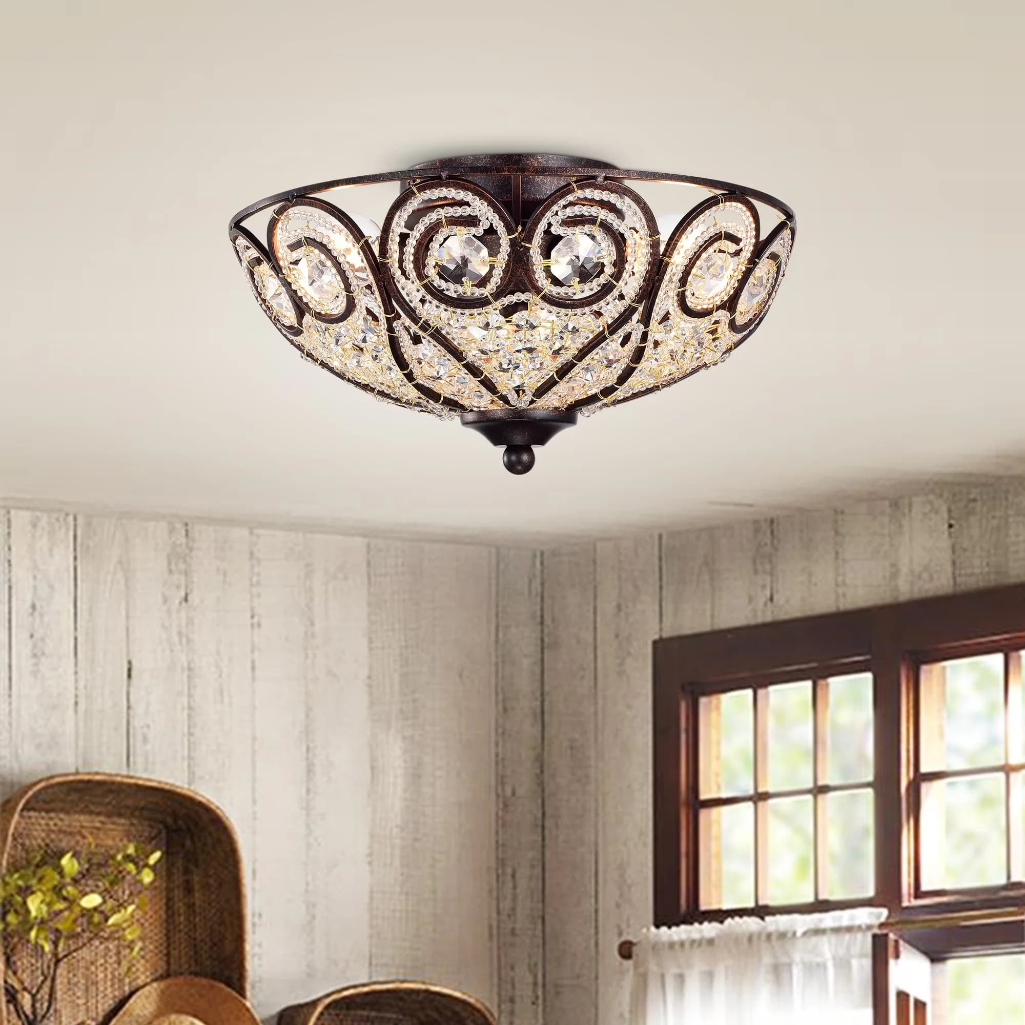 Sleek Ceiling Lights Fixture with LED, Rustic/Lodge, Heart Scroll Crystal Shade - Bronze Metal Model 0CB17A