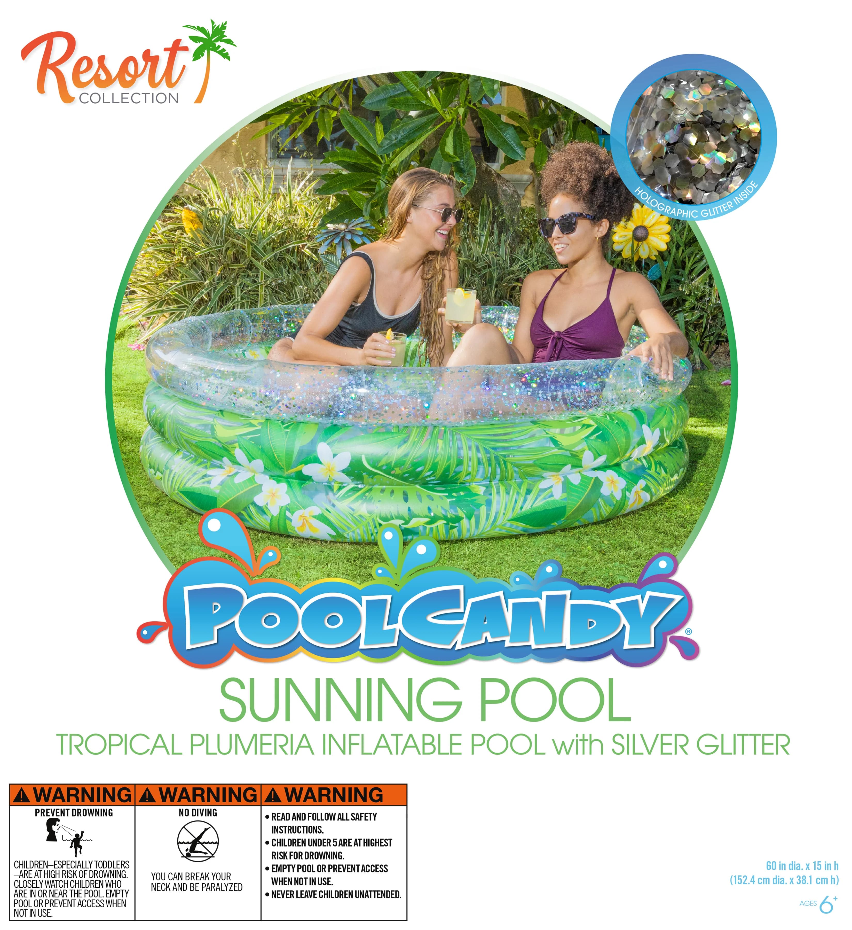 Inflatable Pool Modern with Ages 6 and up, Holds up to 250lbs, Palm and Plumeria Glitter Swimming - Green Model 8A676F