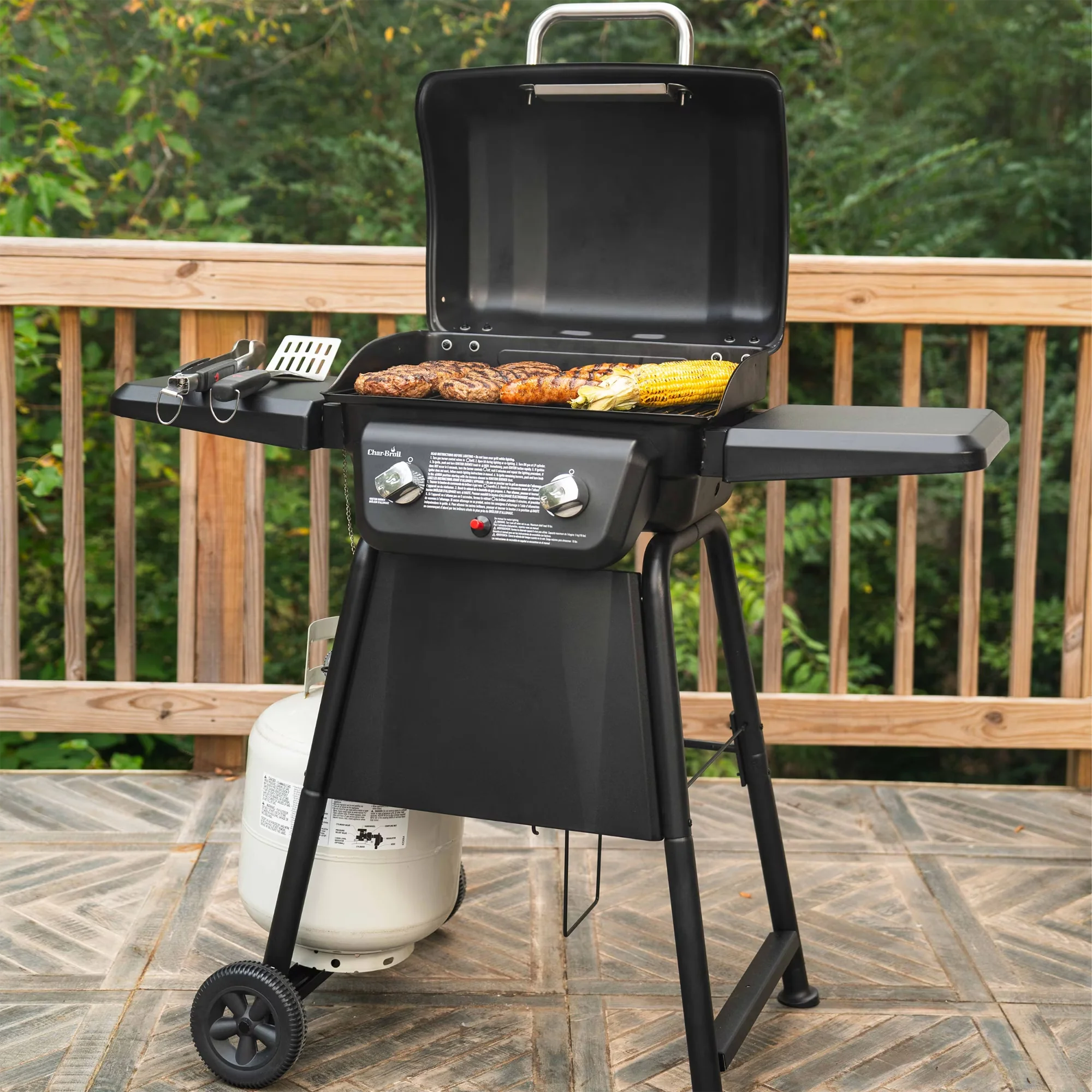 Compact Gas Grill with Portable, Storage Rack - Black Heavy-Duty Steel Model F825FE