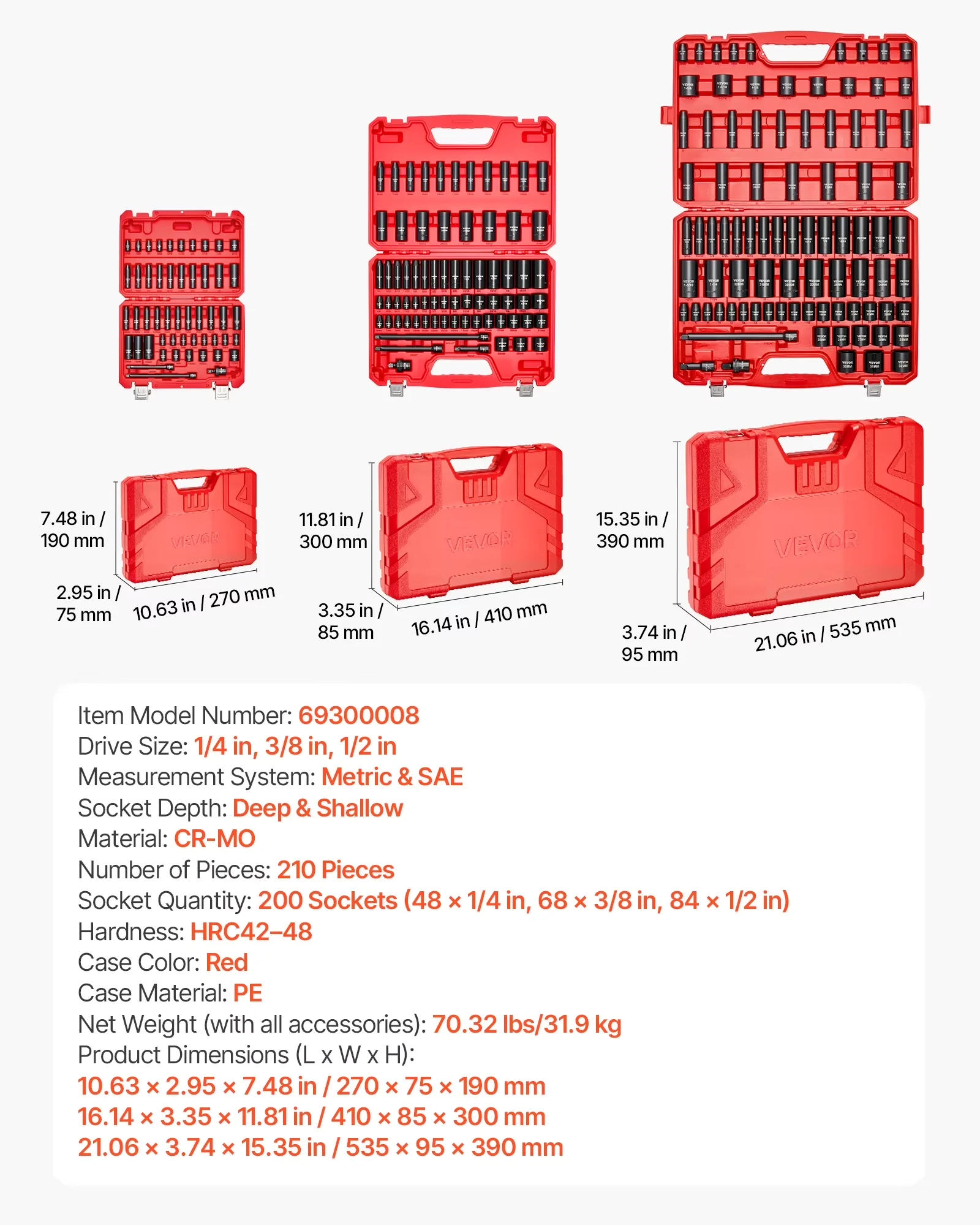 Hand Tool Set Essential with Compact, 1/2 Inch, 210 Piece Drive Impact Socket - Red Cr-Mo Alloy Steel Model D0EA6E