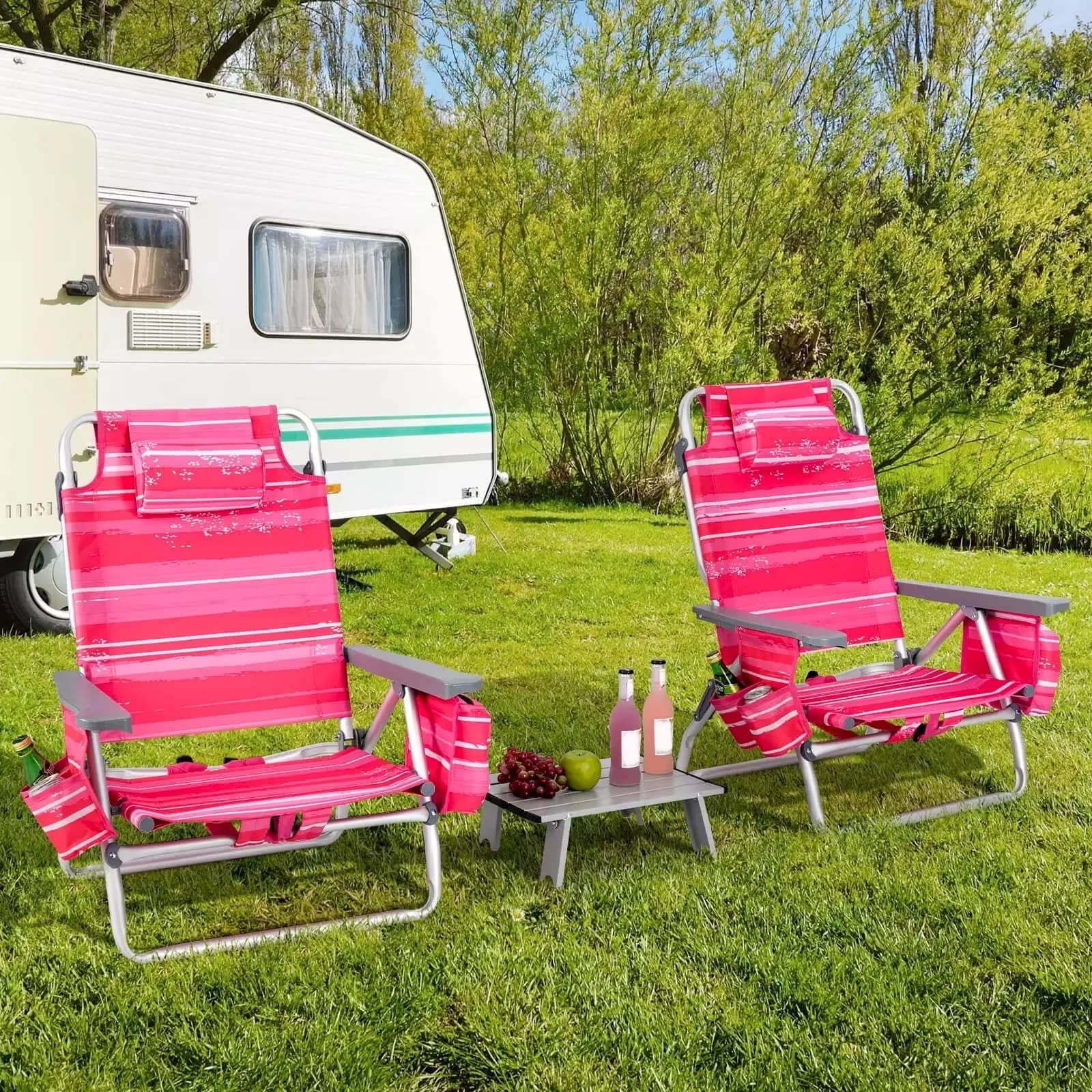 Beach Chair Premium with Reclining, Collapsible - Pink Folding - Ergonomic Design Model 06C7C5