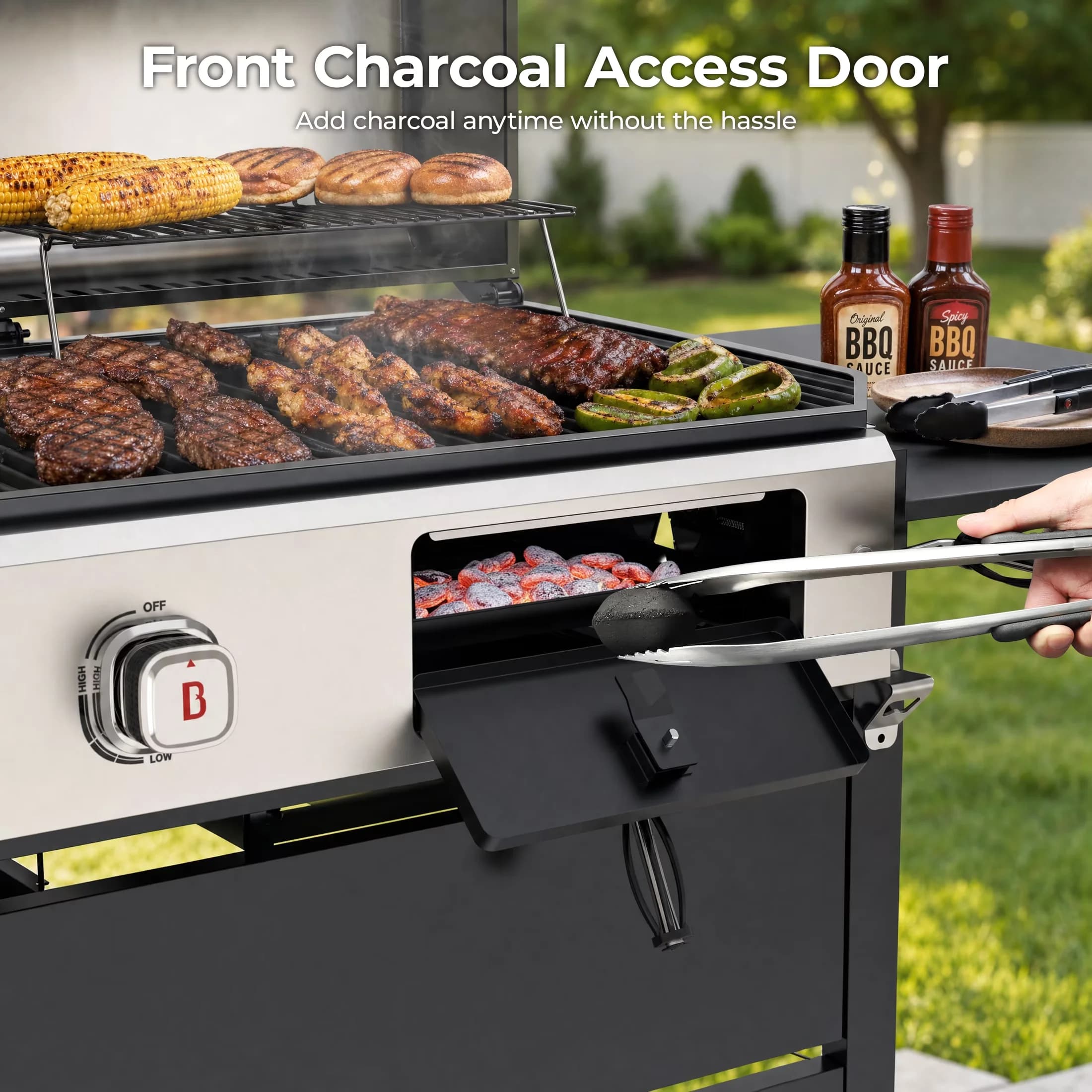 Combo Grill Durable with Heat Thermometer, Storage Rack, Warming Rack - Stainless Steel Black Model 8AF86E