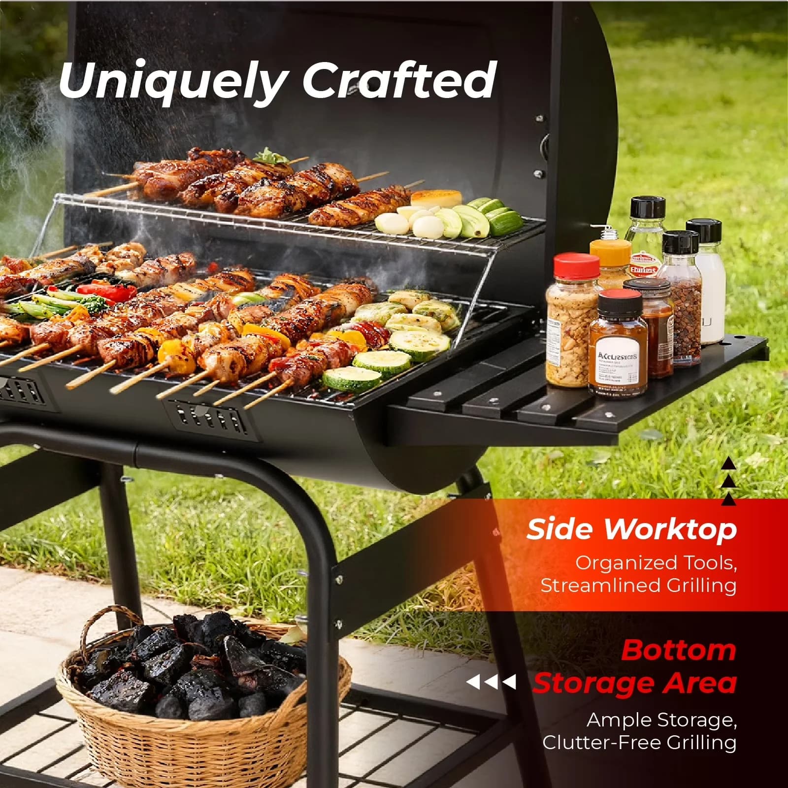 Modern Charcoal Grill - Black Steel for Patio Outdoor - Compact and Portable Model B9827C