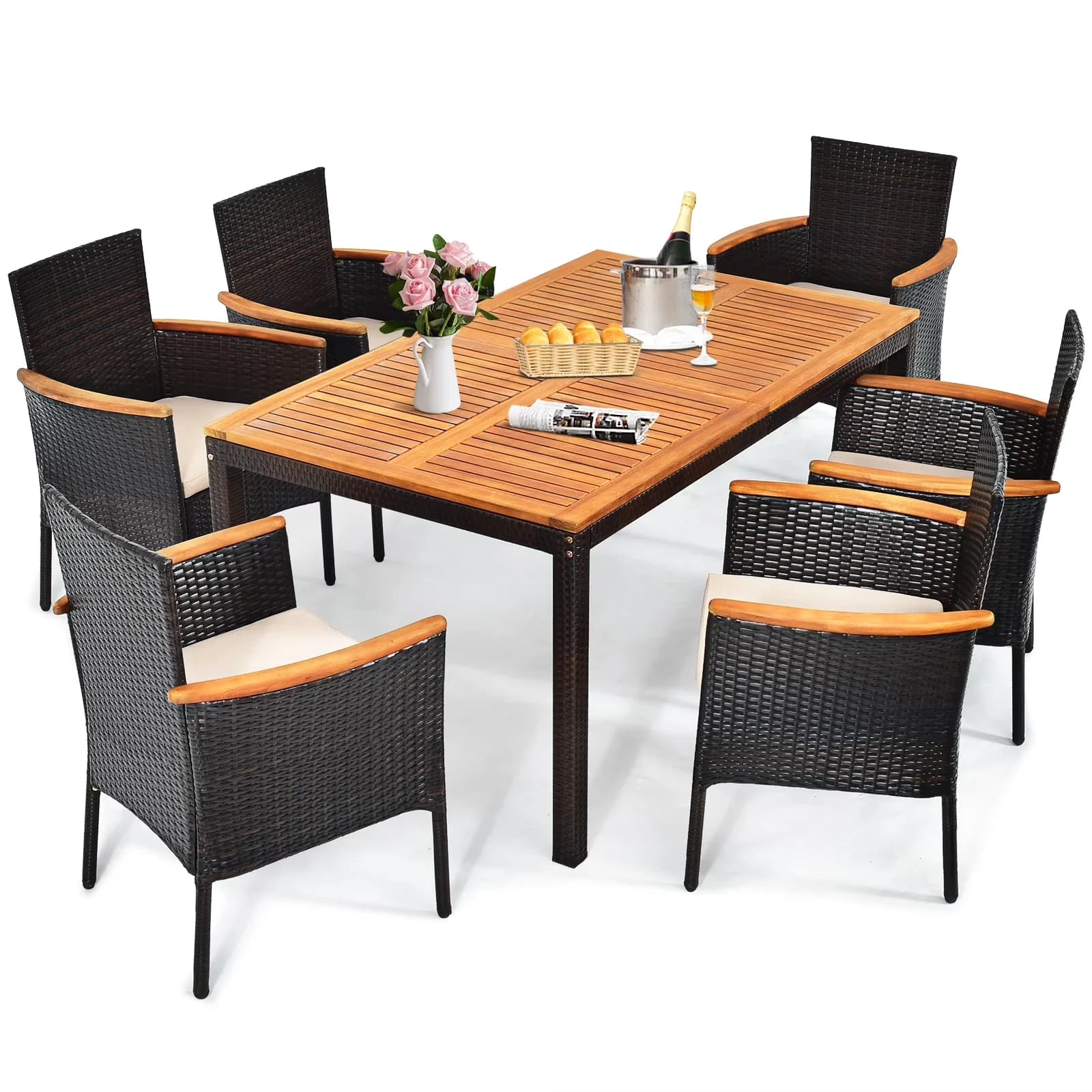 Versatile Patio Dining Set with Umbrella Hole, 7-Piece Outdoor Rattan Table and Chairs - Acacia Wood+ Rattan+ Steel+ Sponge+ Fabric... Model 0A4DC5