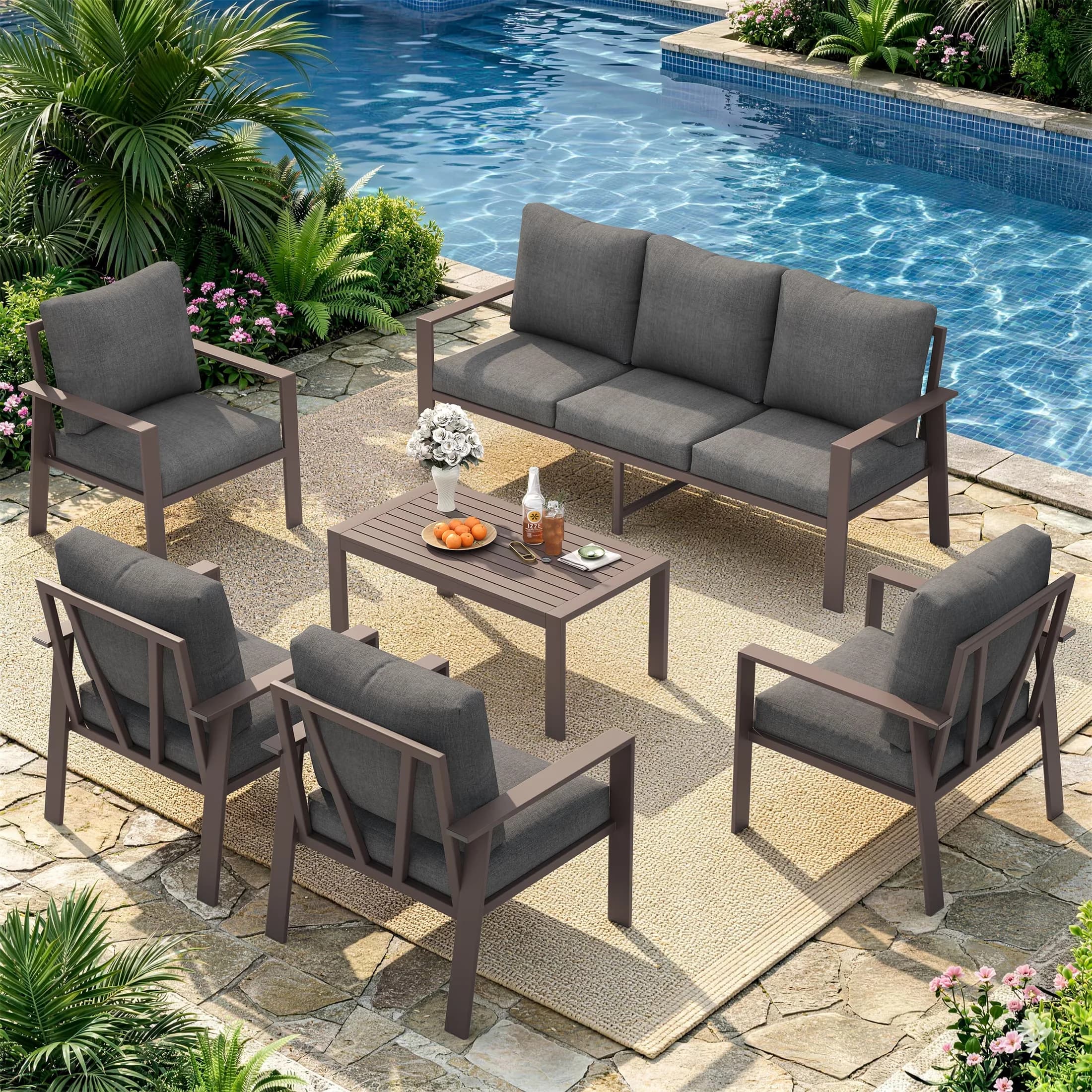 Patio Dining Set Sleek with Weatherproof, Contemporary Outdoor Couch, Aluminum Furniture - High Quality Fabric Gray Model 5C72A1