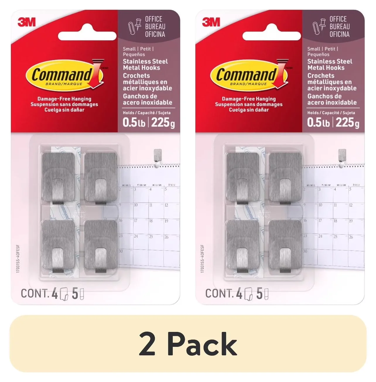 Reliable Damage-Free Hanging with Easy Installation, 4 Hooks, 5 Strips per Pack - Stainless Steel Silver Model 64AFAB