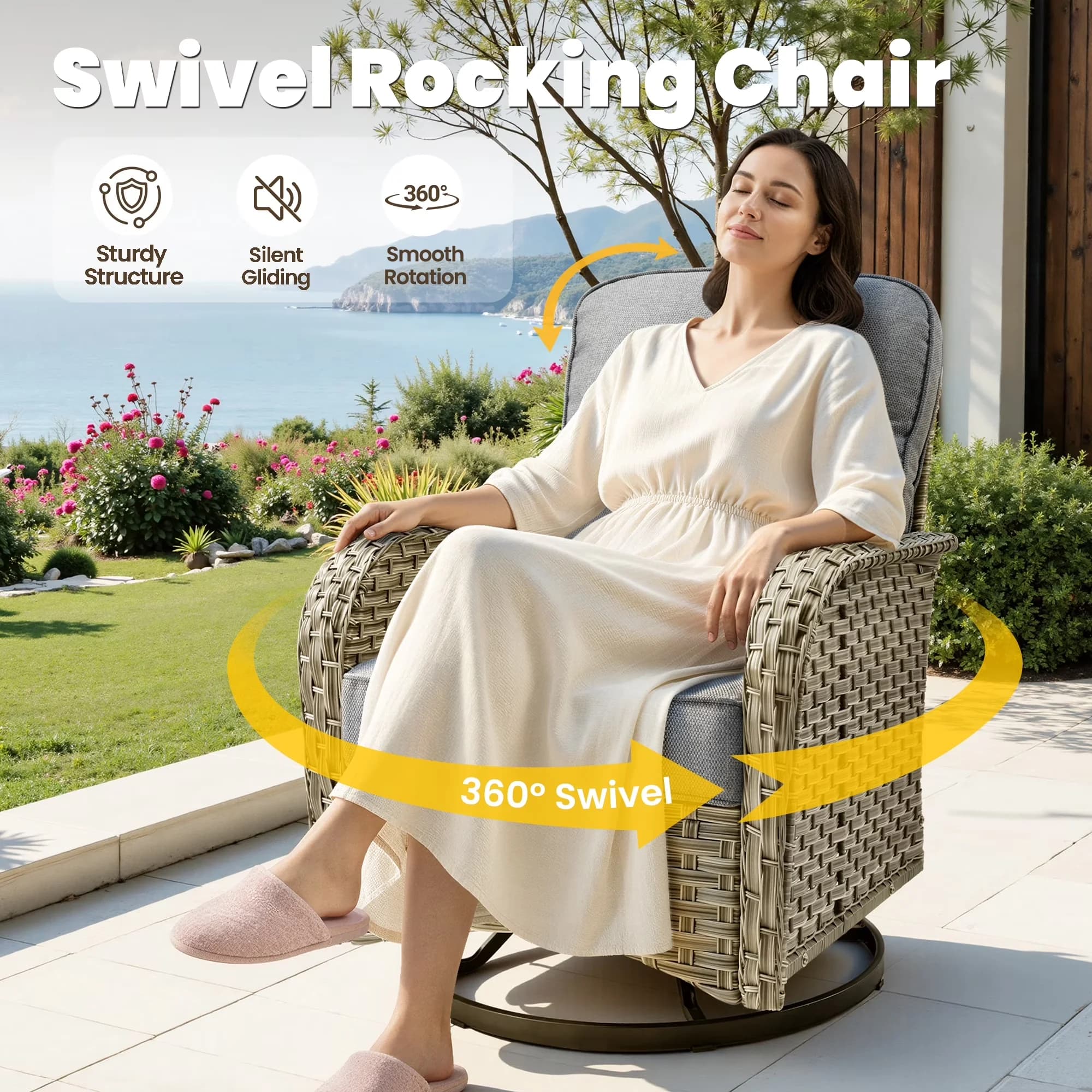 Patio Conversation Set Modern with Weatherproof, Swivel Chairs - Gray Wicker Model 7BF119