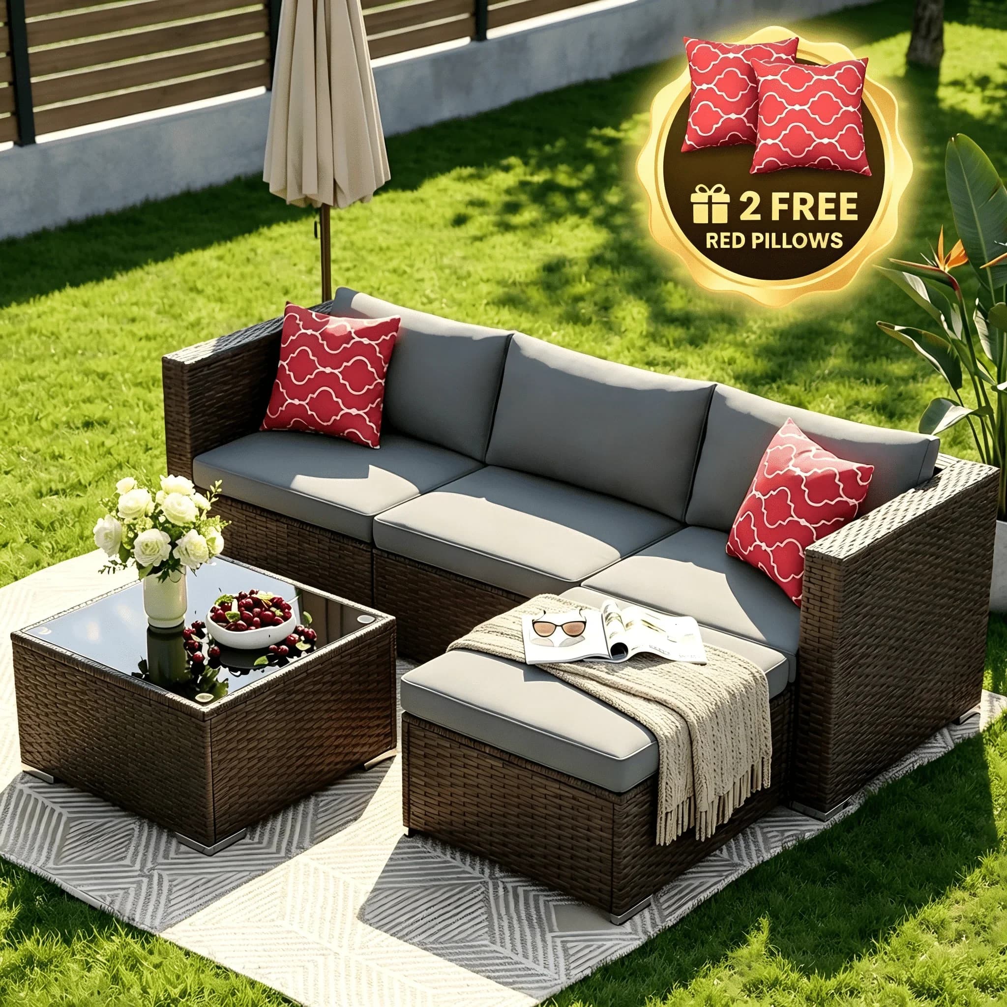 Versatile Patio Conversation Set with Weatherproof, Furniture, Gray - Gray Wicker, Metal, Glass, Foam Model 3E561F