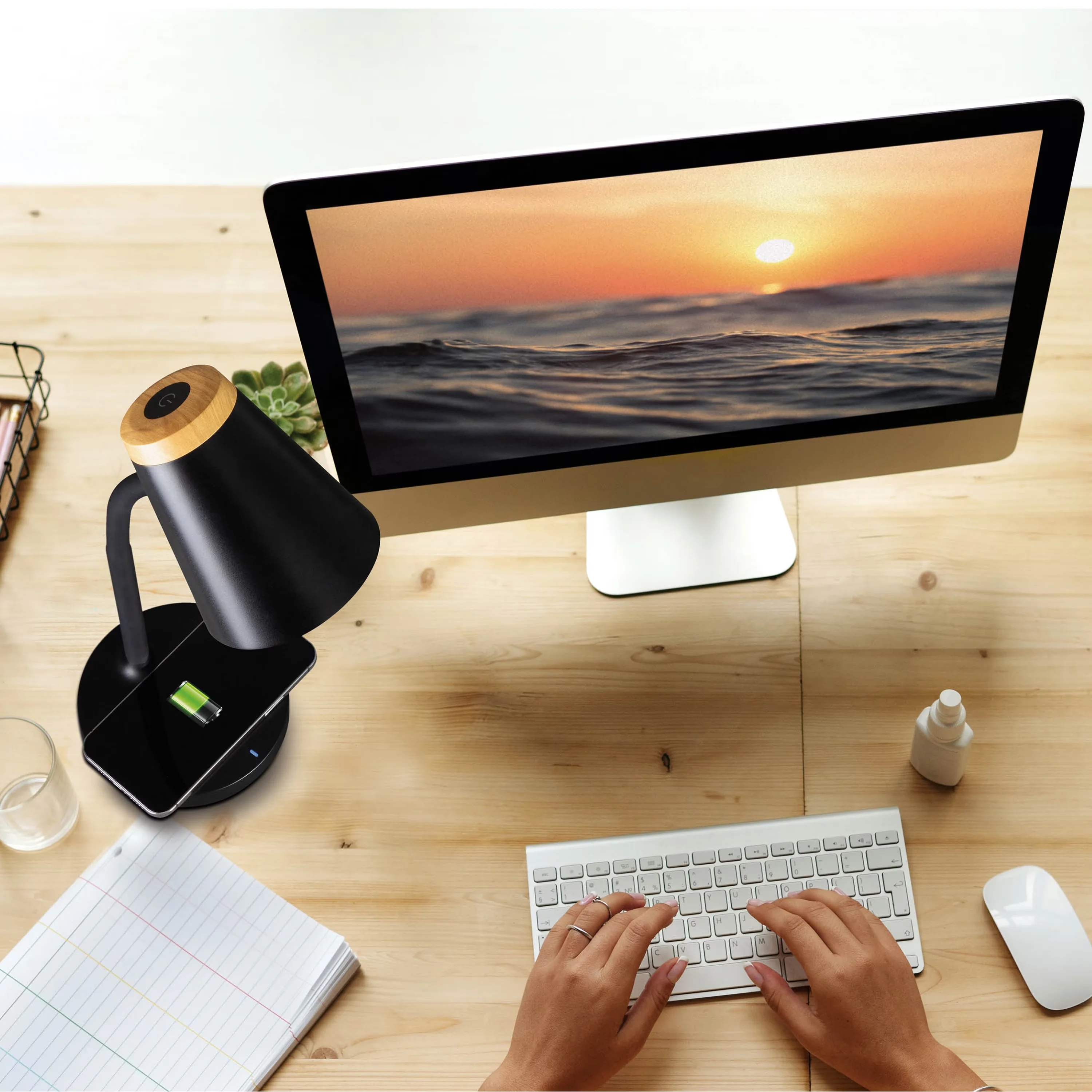 Compact Desk Lamp with LED, Wireless Charging, Adjustable Head - Black Model 5A0E04
