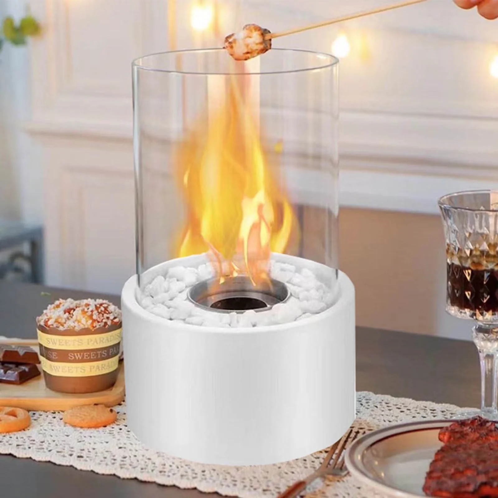 Efficient Outdoor Heating with Portable, Portable Tabletop Fireplace Round, Tabletop Fire Pit Indoor - Glass White for Patio Model 03DD21