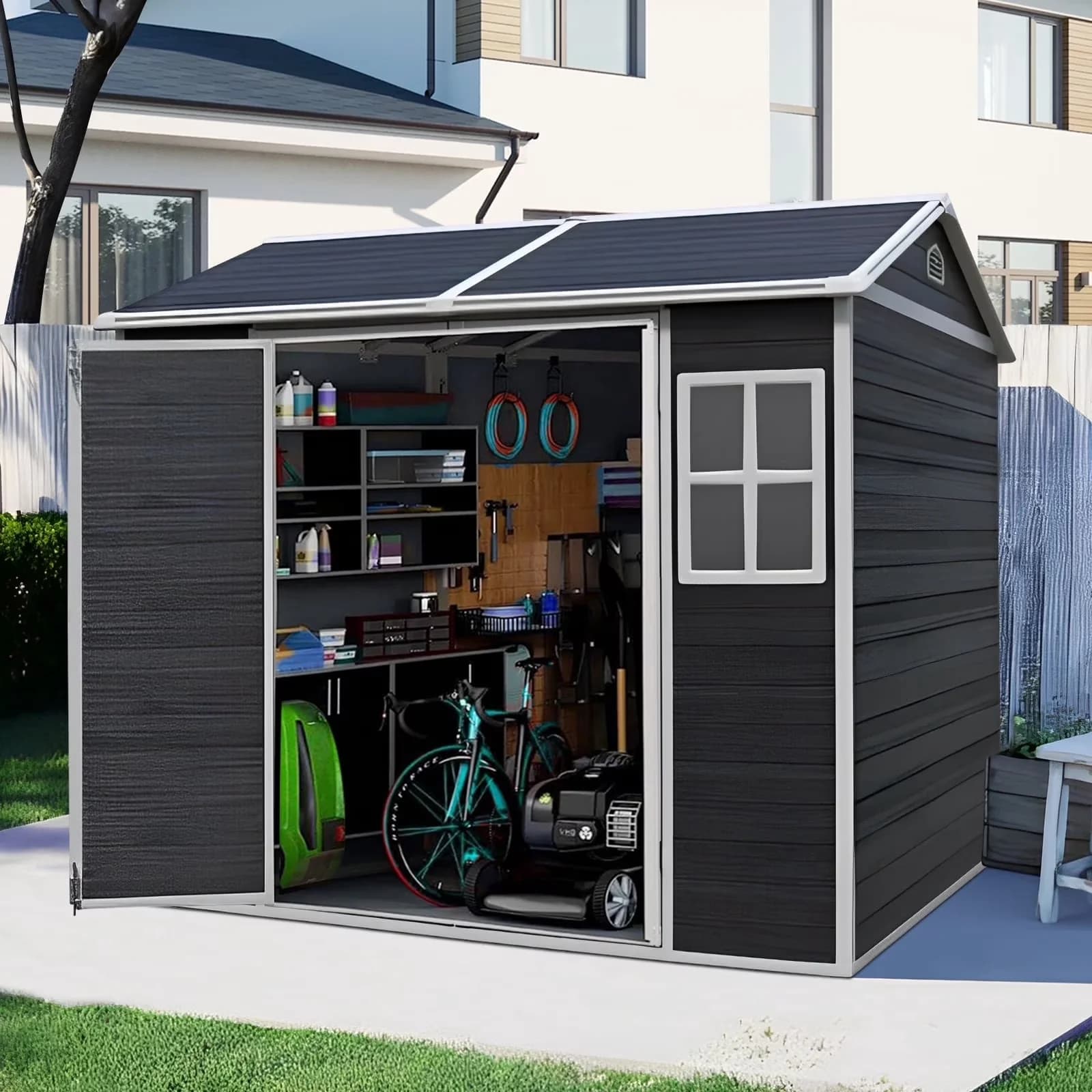 Shed Reliable with Waterproof, Floor, 2 Windows & Lockable Door - Black Resin for Patio Model 69FC36
