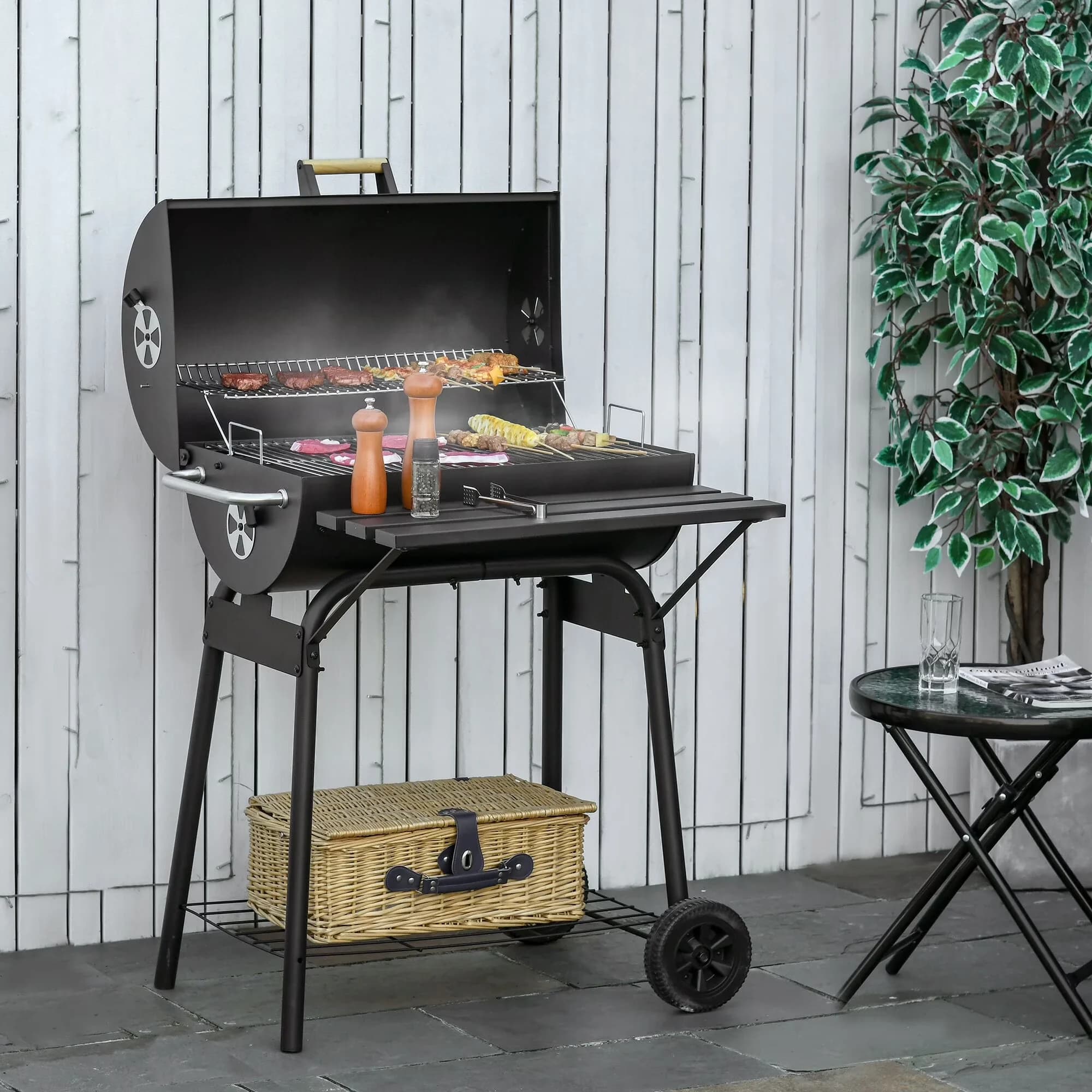 Premium Smoker with Storage Rack, Thermometer, Rust Resistant - Carbon Steel Black#8 Model E9C469