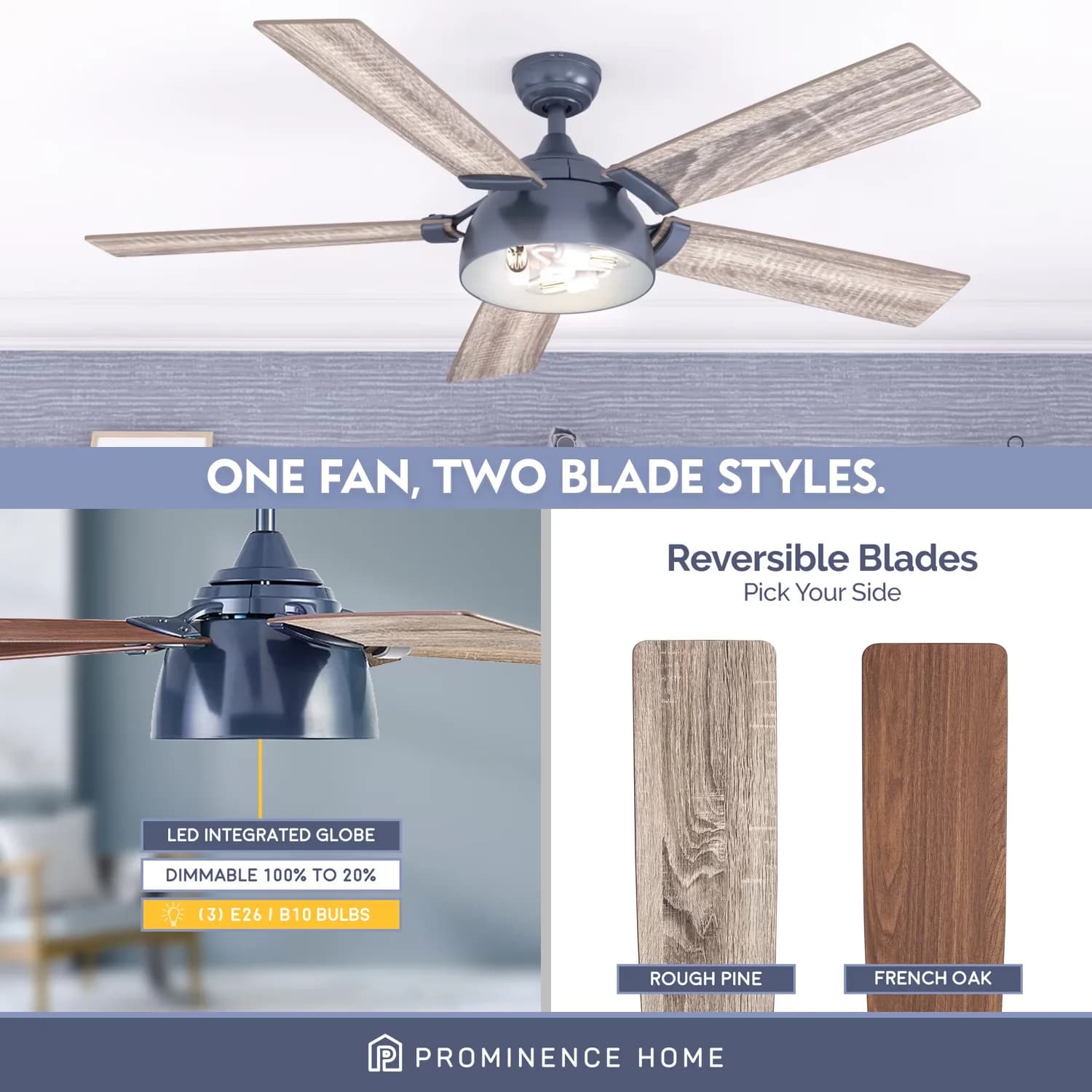 Versatile Ceiling Fan with LED, Dimmable, Industrial - Blue, Brown, Multicolor Metal Model 90E23F