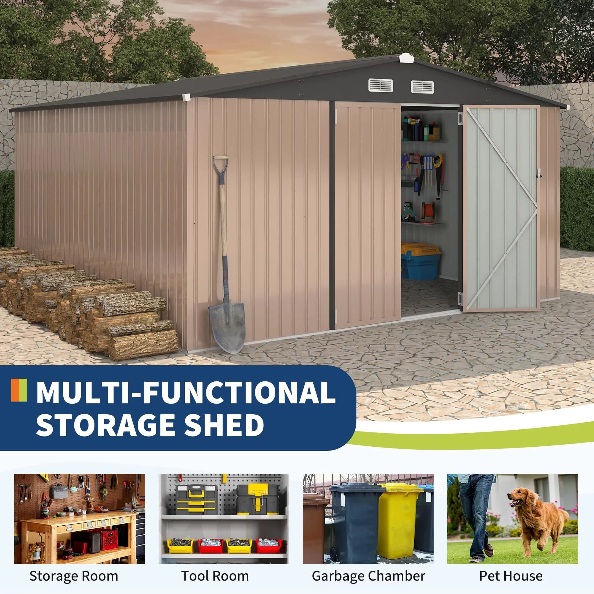 Durable Shed with Lockable Door, Metals Utility Buildings With Air Vent, 12x12 FT Metal Storage Sheds Outdoor - Brown Metal Model 2AA657