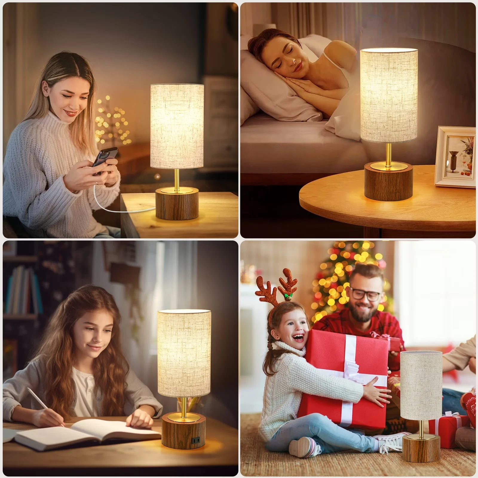 Durable Table Lamp with LED, Touch Sensor, Contemporary - Beige Metal,Wood,Fabric for Bedroom Model F23AA2