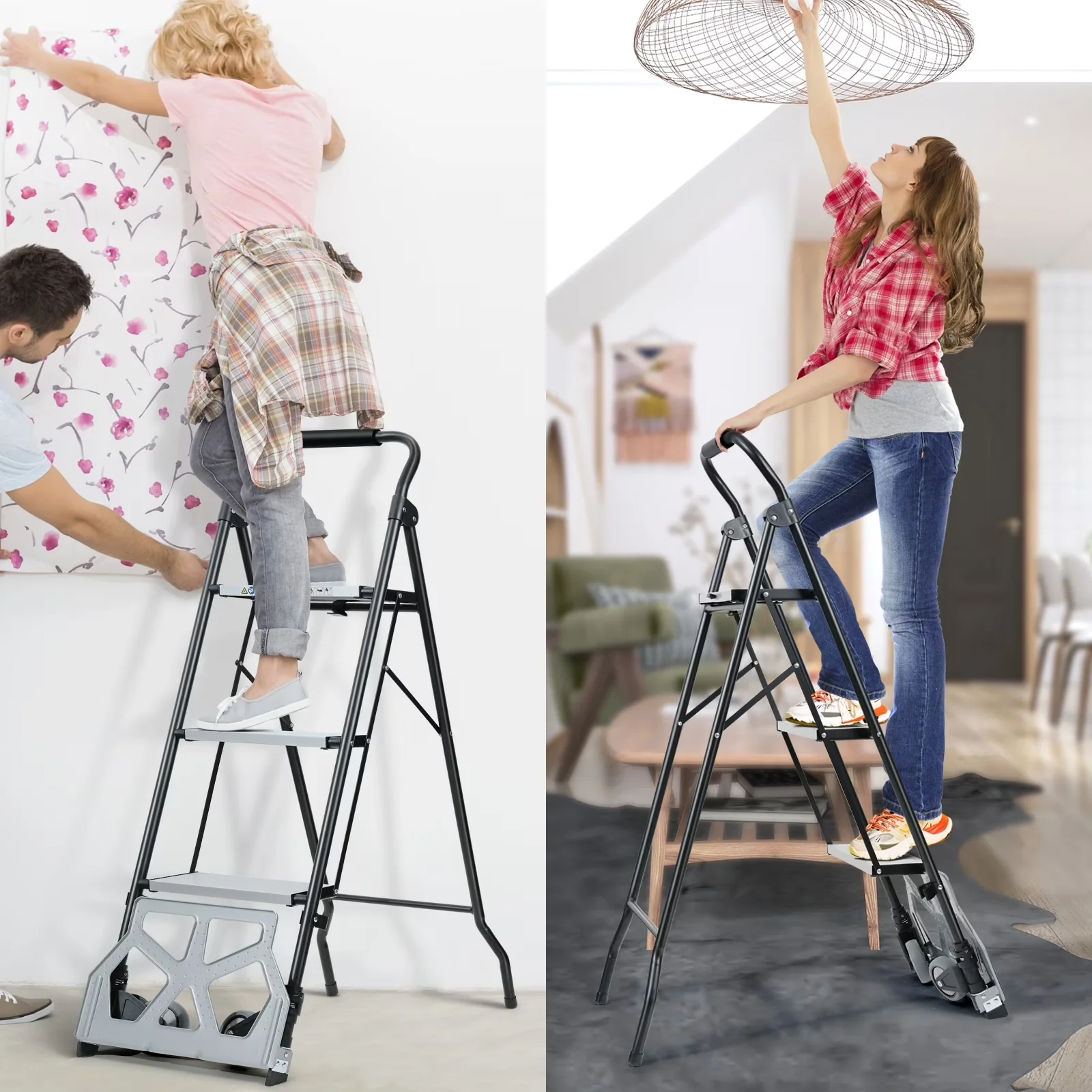 Quality Ladders And Step Stool with Metal Frame, 2 in 1 Ladder & Hand Truck - Black Steel Model F67A51
