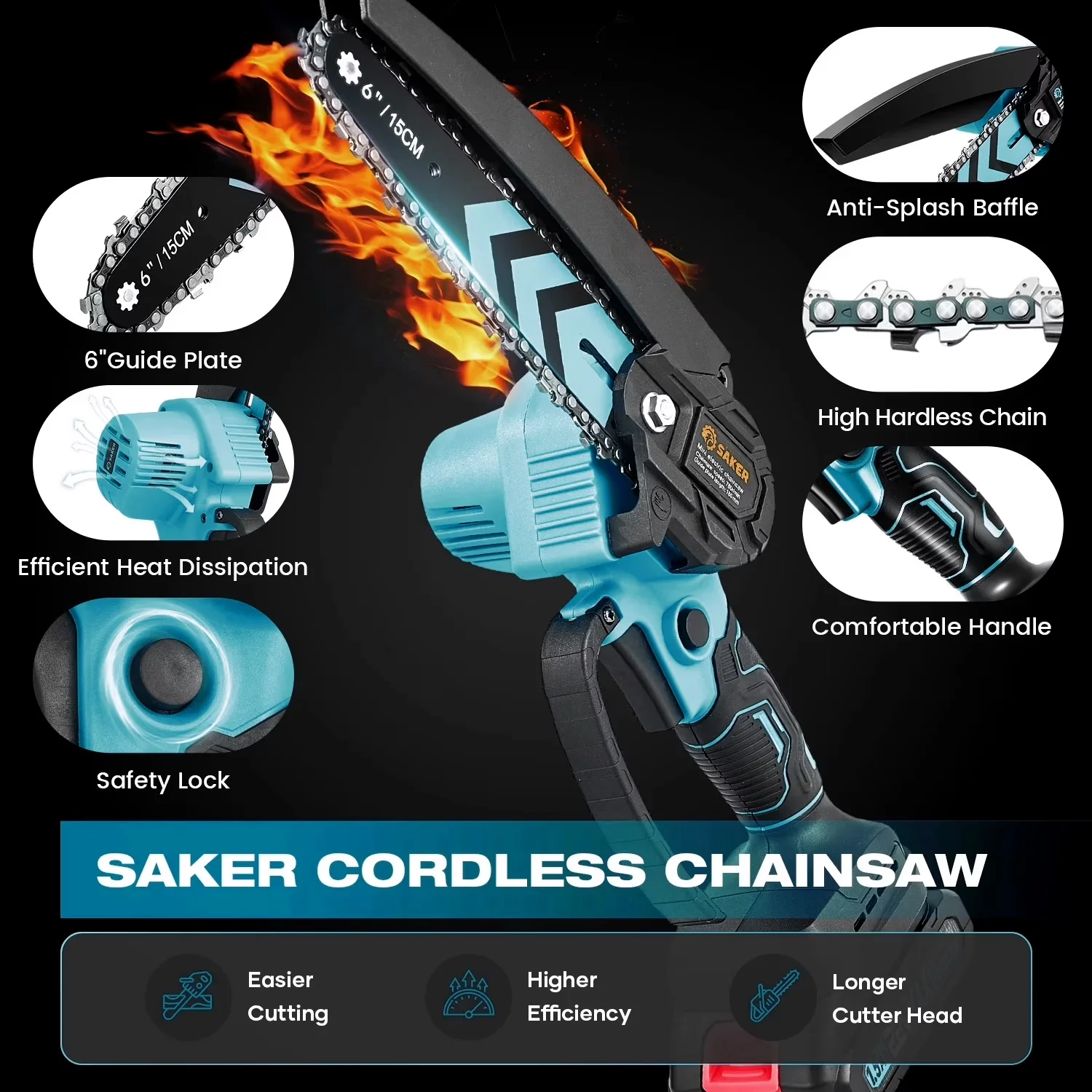 Modern Chainsaw with Battery, Anti-Vibration, 6 inch Mini - Blue - Industrial Grade Model 409380