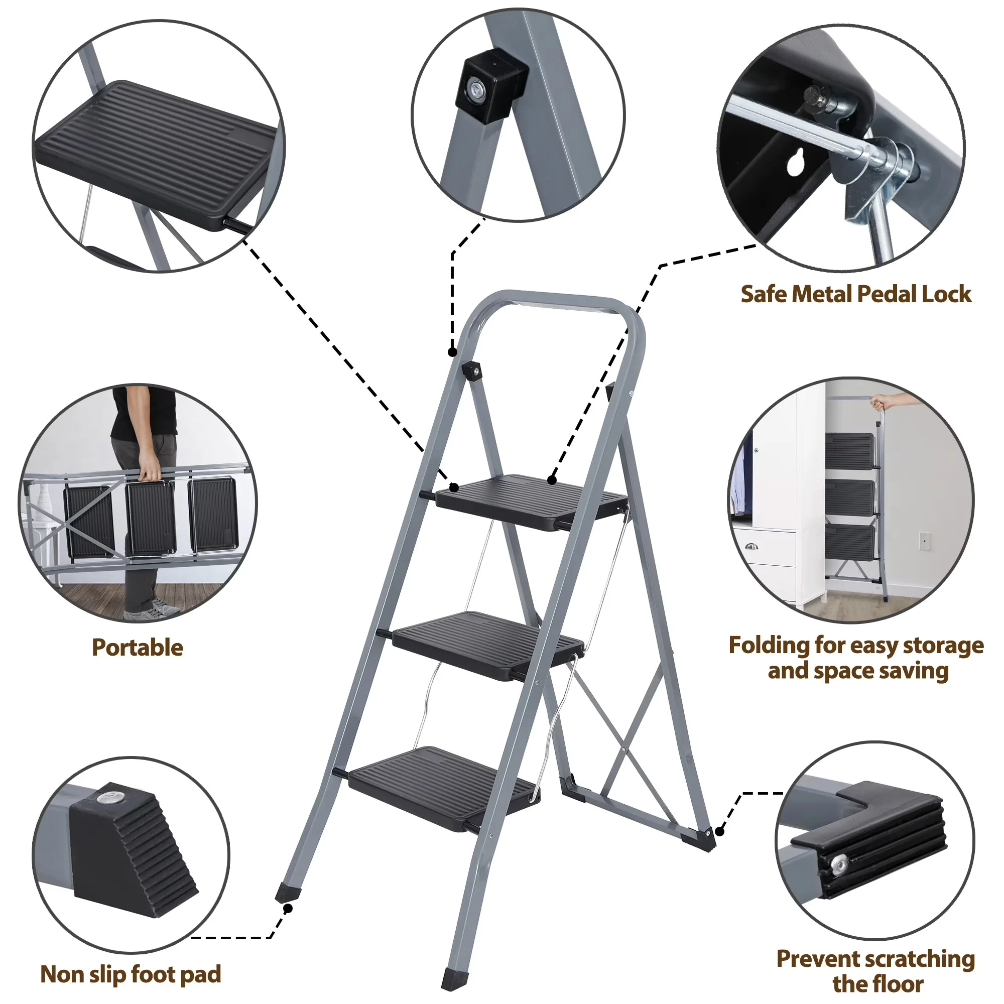 Efficient Ladders And Step Stool with Color: Gray & Black, Handgrip, Open Dimensions: 28" L x 18" W x 41" H - Steel 3-Step Model 663F2F