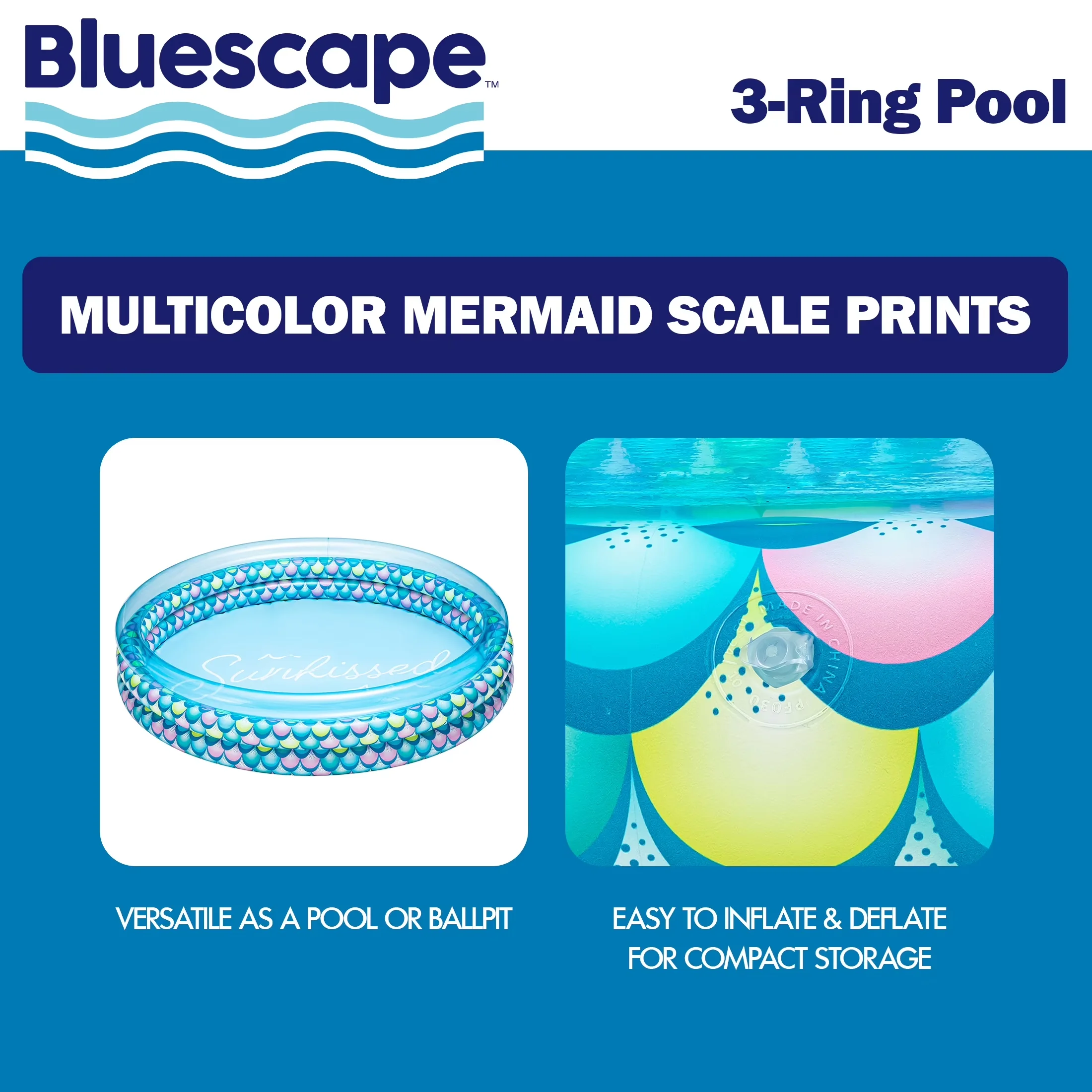 Compact Inflatable Pool with Puncture Resistant, Bright & colorful mermaid scale print, Colorful Mermaid Print 3-Ring Swimming - Blue Model 4225EE