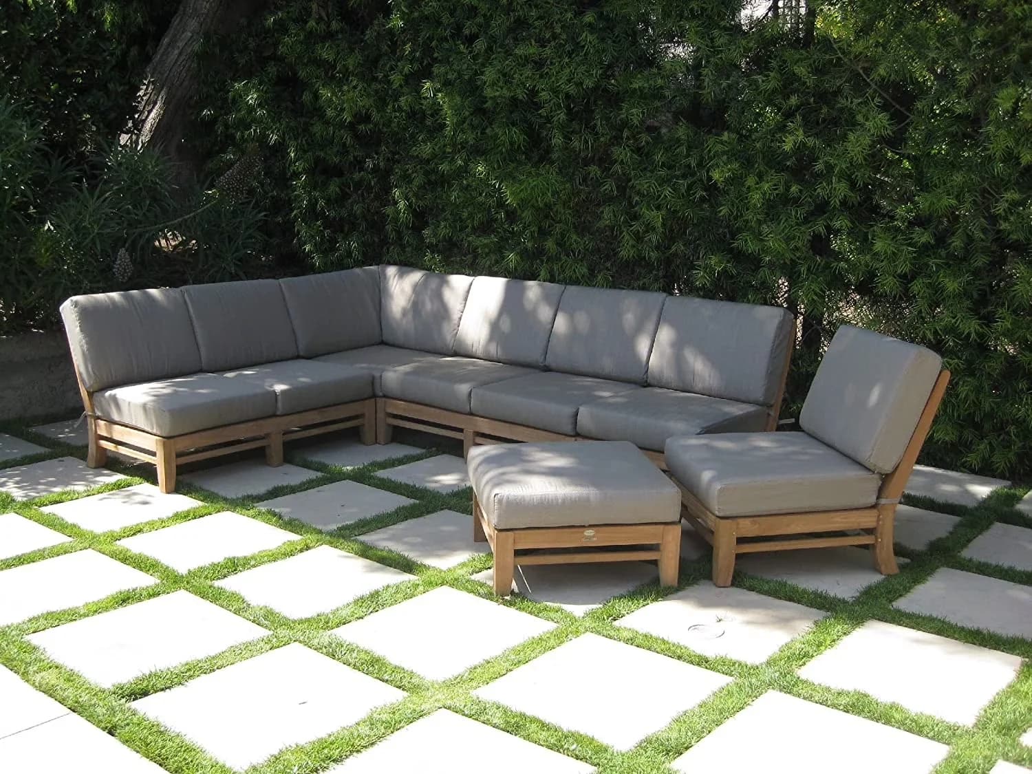 Compact Outdoor Sofas Sectional with Corner Piece, 2 Lounge Chairs - Teak, Sunbrela Teak Model 1F8B65