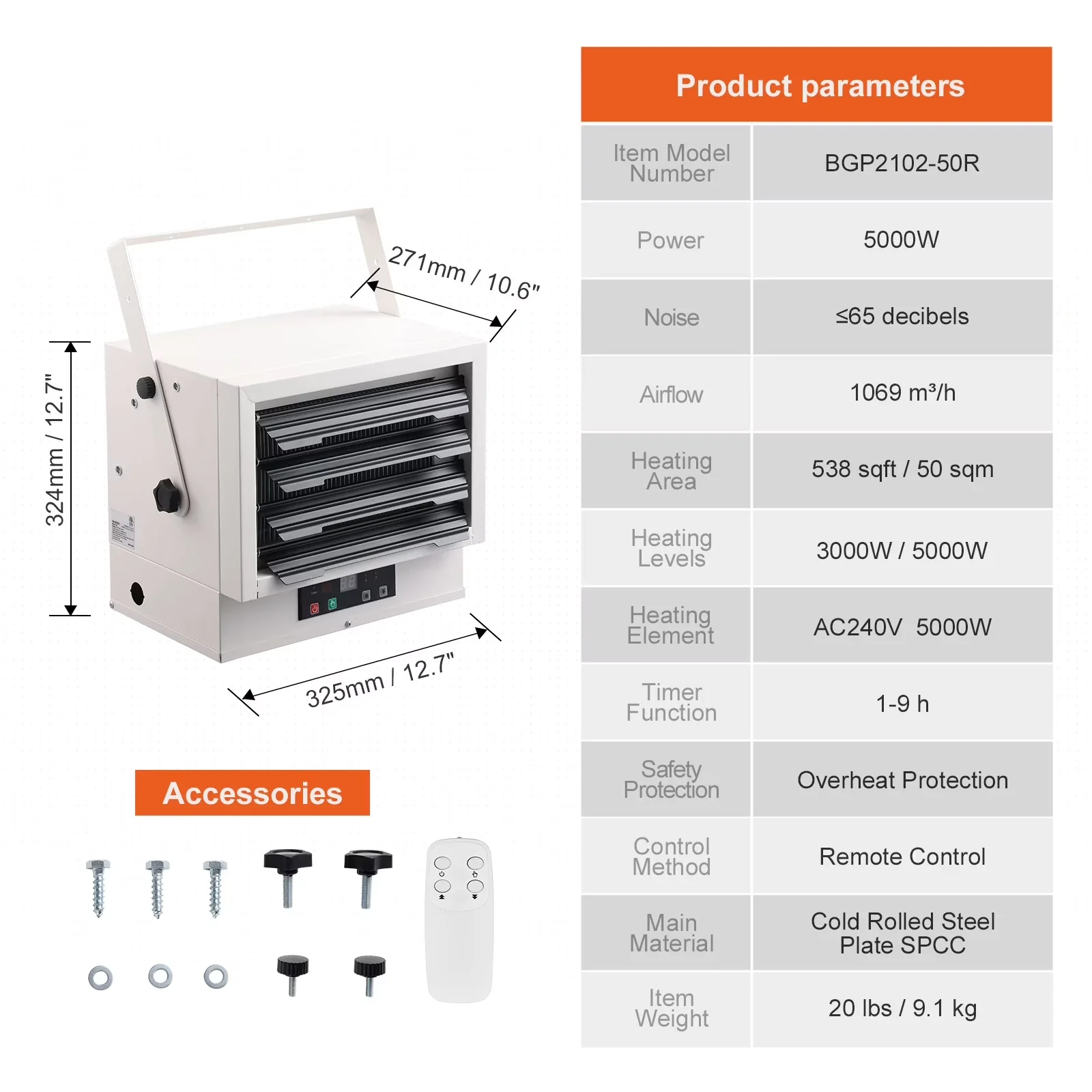 Professional Portable And Electric Space Heater with 5000W, Remote Ceiling/Wall Mount, 5000-Watt Digital - White Model 6FA47E