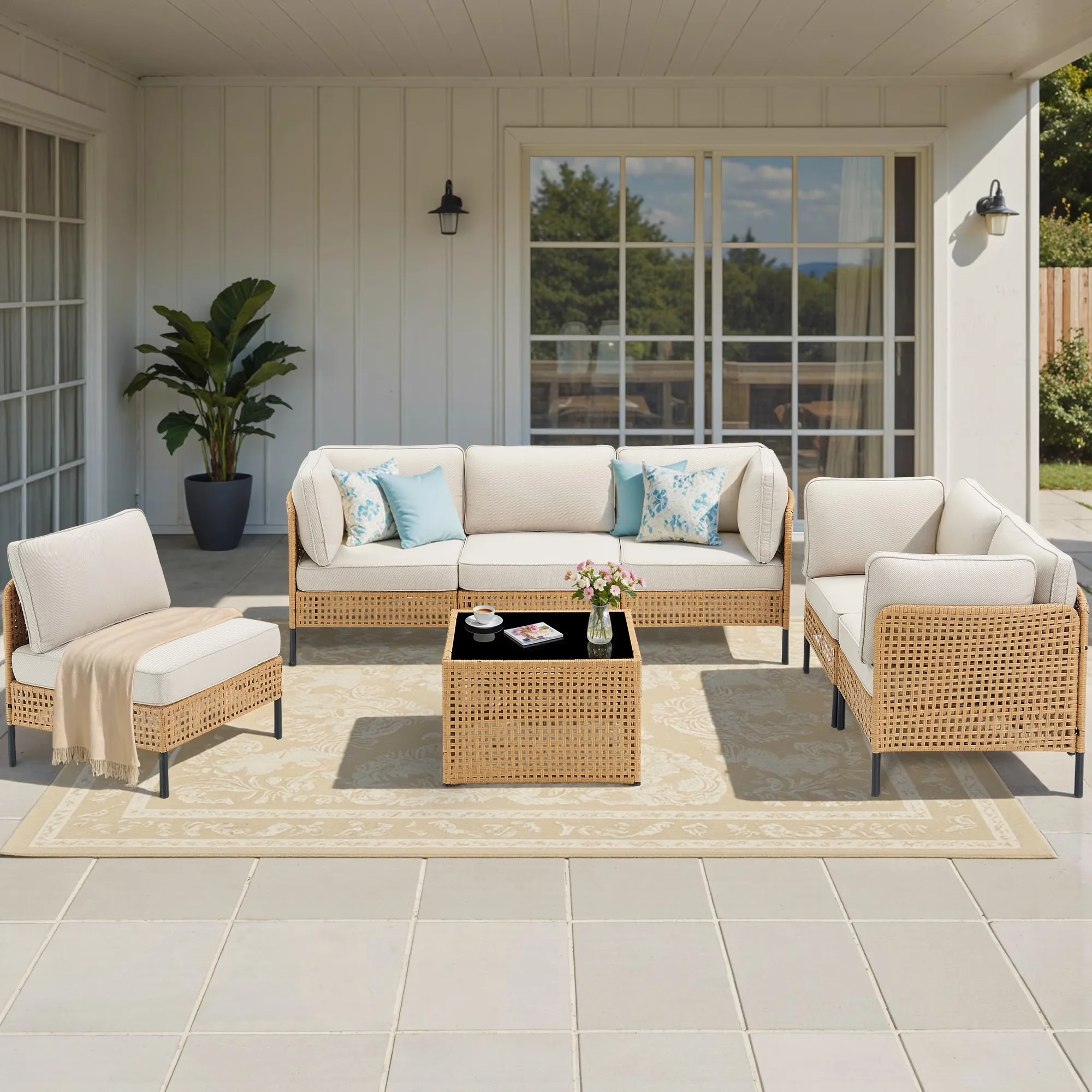 Essential Patio Conversation Set with Weatherproof, All Weather Wicker Outdoor Sets, Coffee Table and Beige Cushions - Pe Rattan,... Model 2C9B62