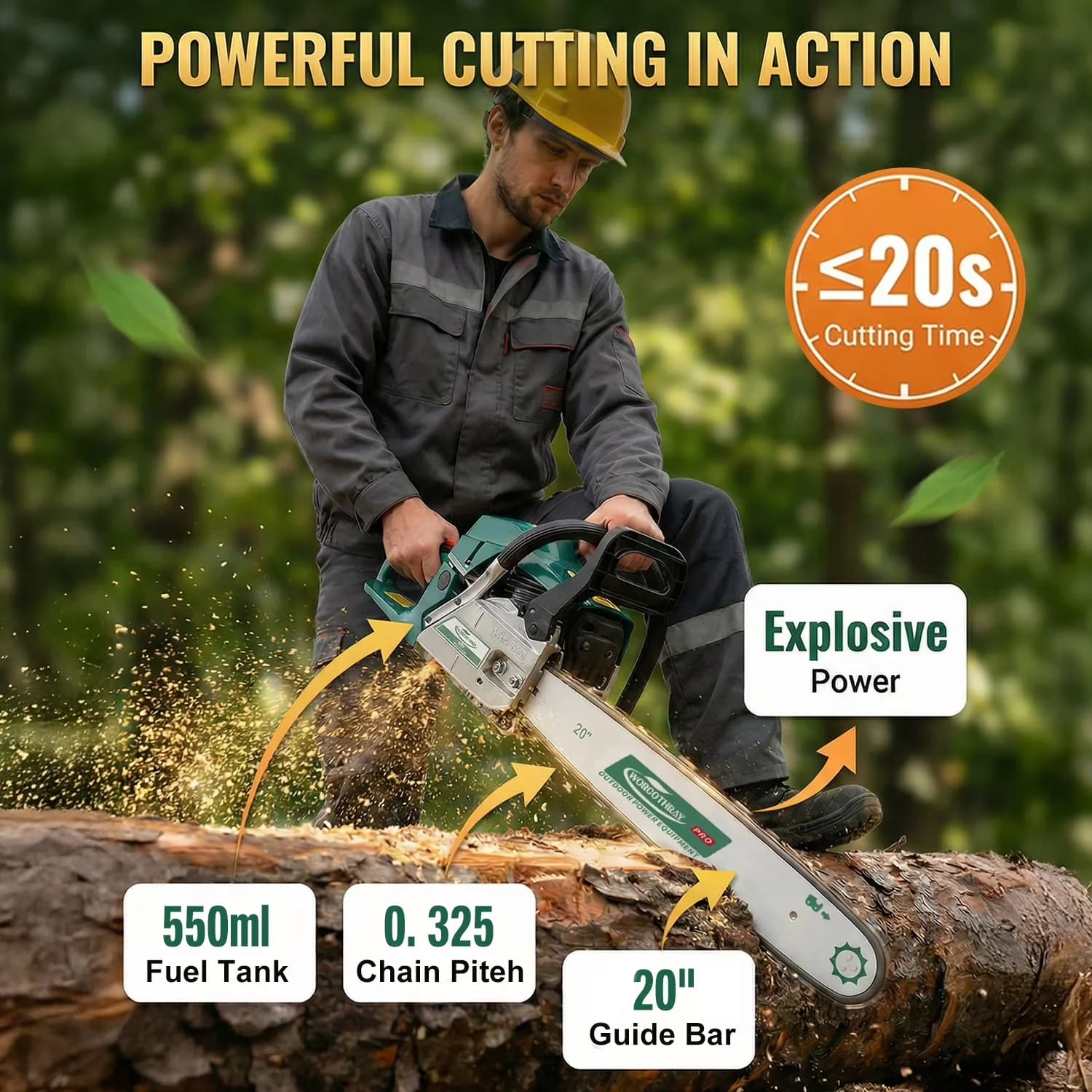 Reliable Chainsaw with Automatic Chain Oiler, - Max. Engine Speed: 10,000 RPM, - Engine Displacement: 62CC - Green Model 830016