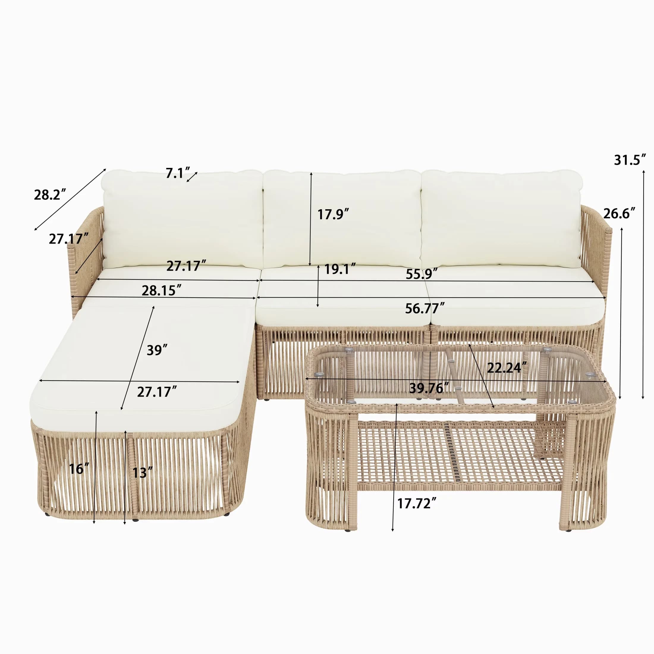 Patio Conversation Set Innovative with Storage, Coastal Outdoor Rattan Sectional Sofa - Pe Rattan + Iron + Cushion + Glass Beige Model 549851
