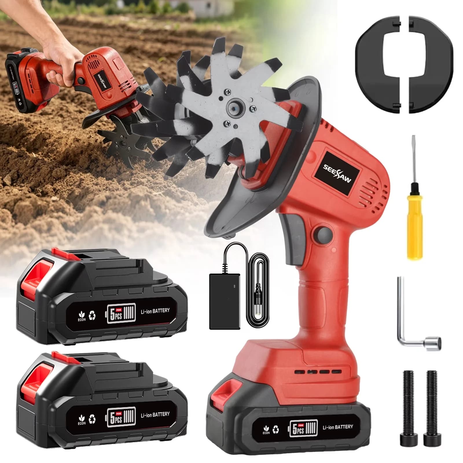 Sleek Trillers Cultivator with Dual Battery Red Garden Tiller - Easy to Use Model E9A3AF