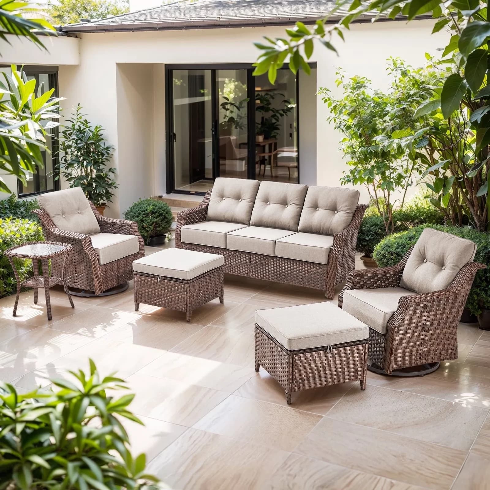 Stylish Patio Dining Set with Weatherproof, Brown Wicker Furniture - Pe Wicker, Powder Coated Steel Beige Model 41633D