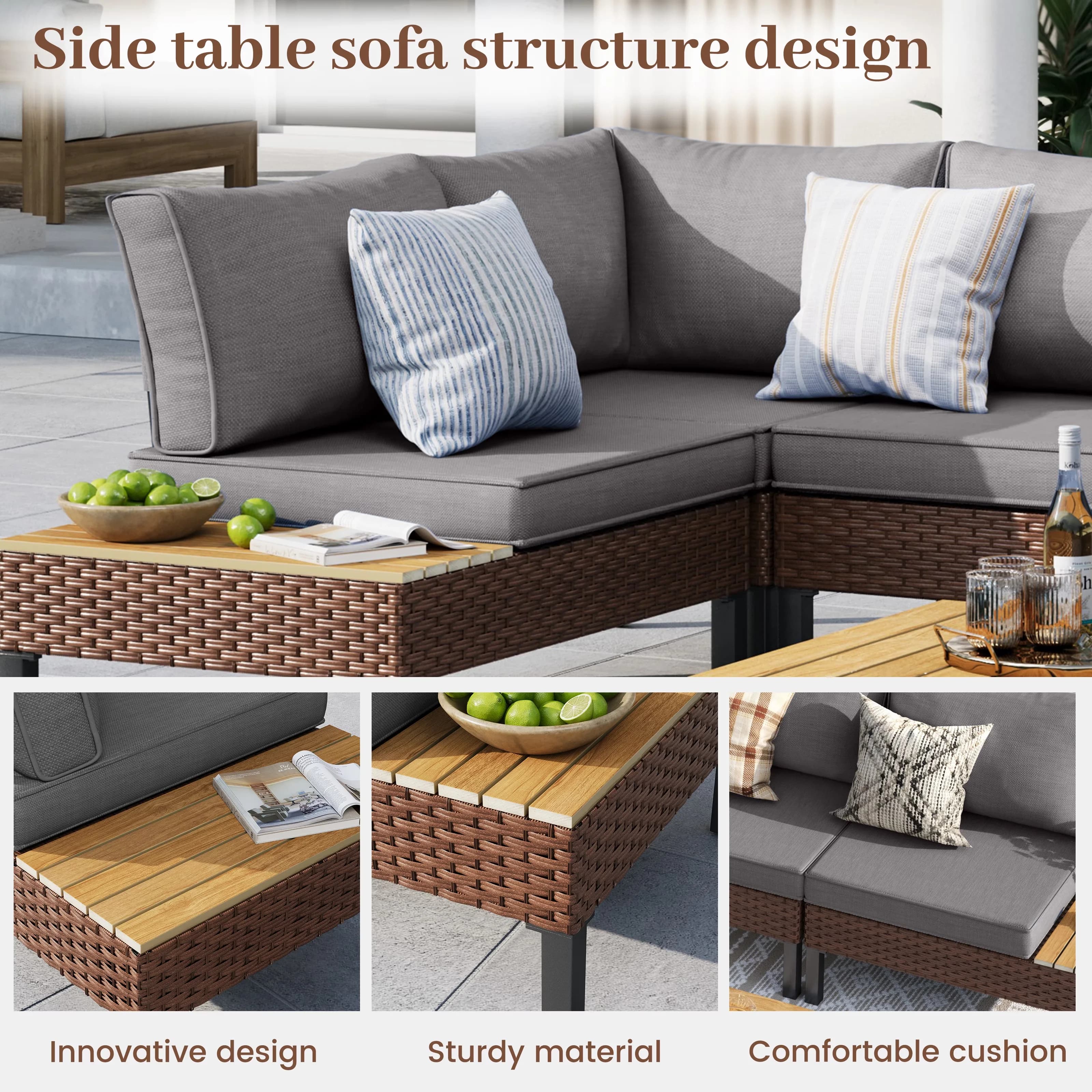 Compact Patio Conversation Set with Storage, L Shaped Sectional Sofa, Coffee Table - Gray Metal for Garden Model 264A8B