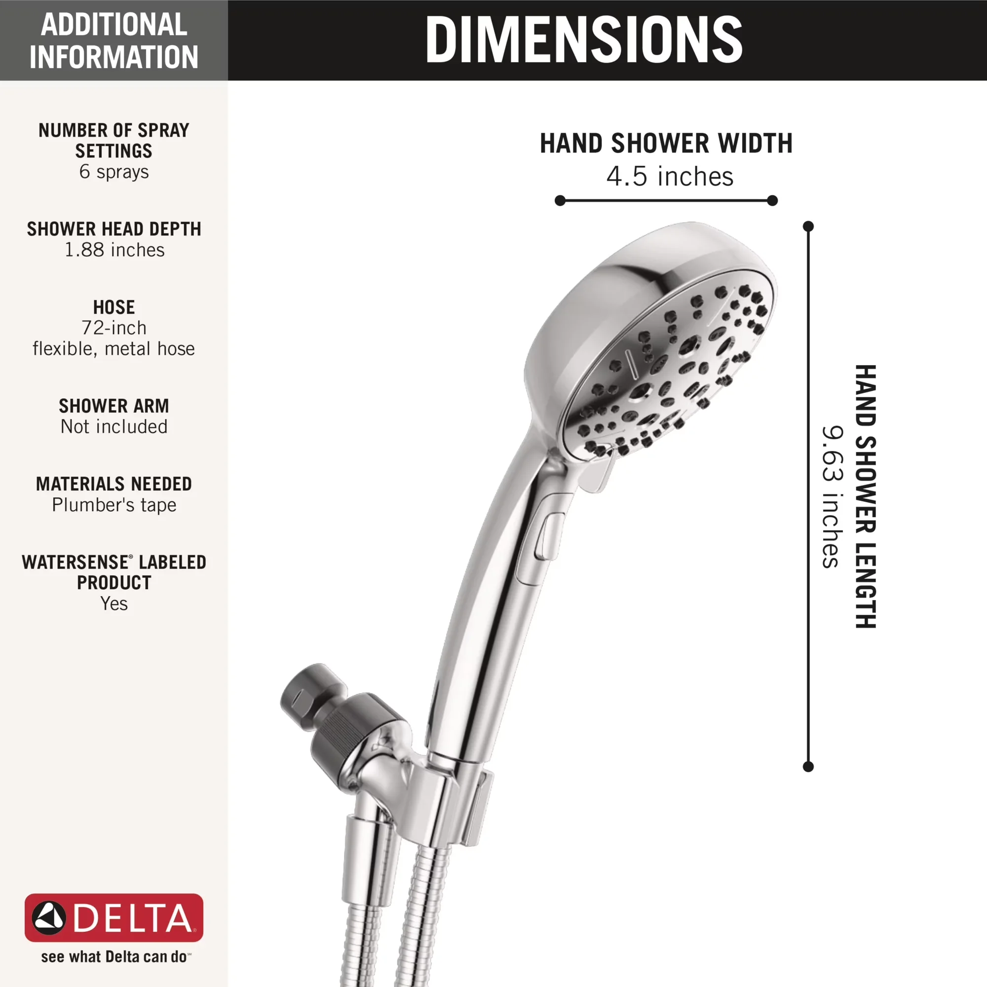Shower Head Sleek with Installs in minutes, H2Okinetic® 6-Setting Hand - Silver Abs - Plastic Model 82FB07