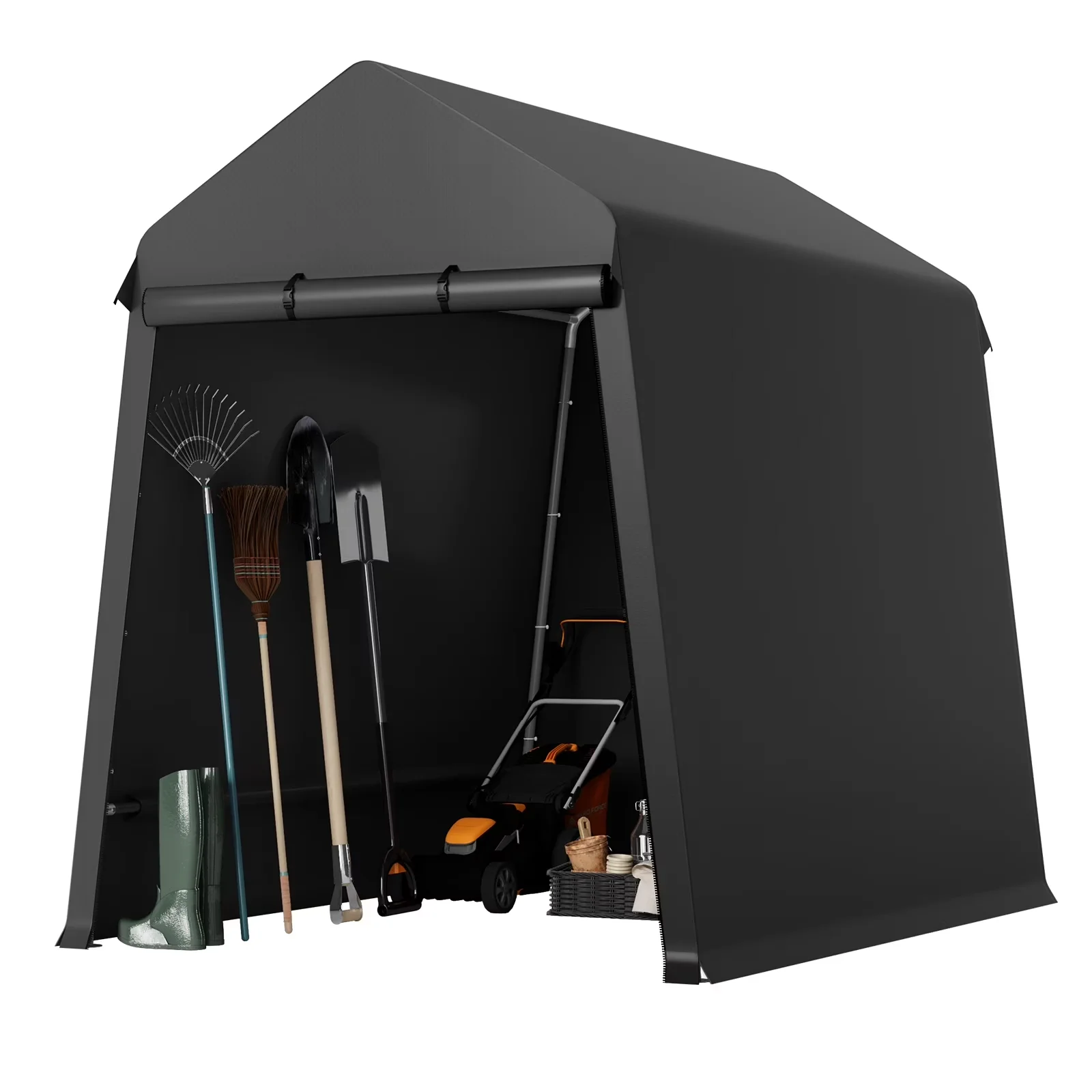Compact Shed with Waterproof, Roll-Up Door & Vents, 6x8 FT Outdoor Storage Shelter Tent - Black Steel, Polyethylene for Garden Model E6FD20