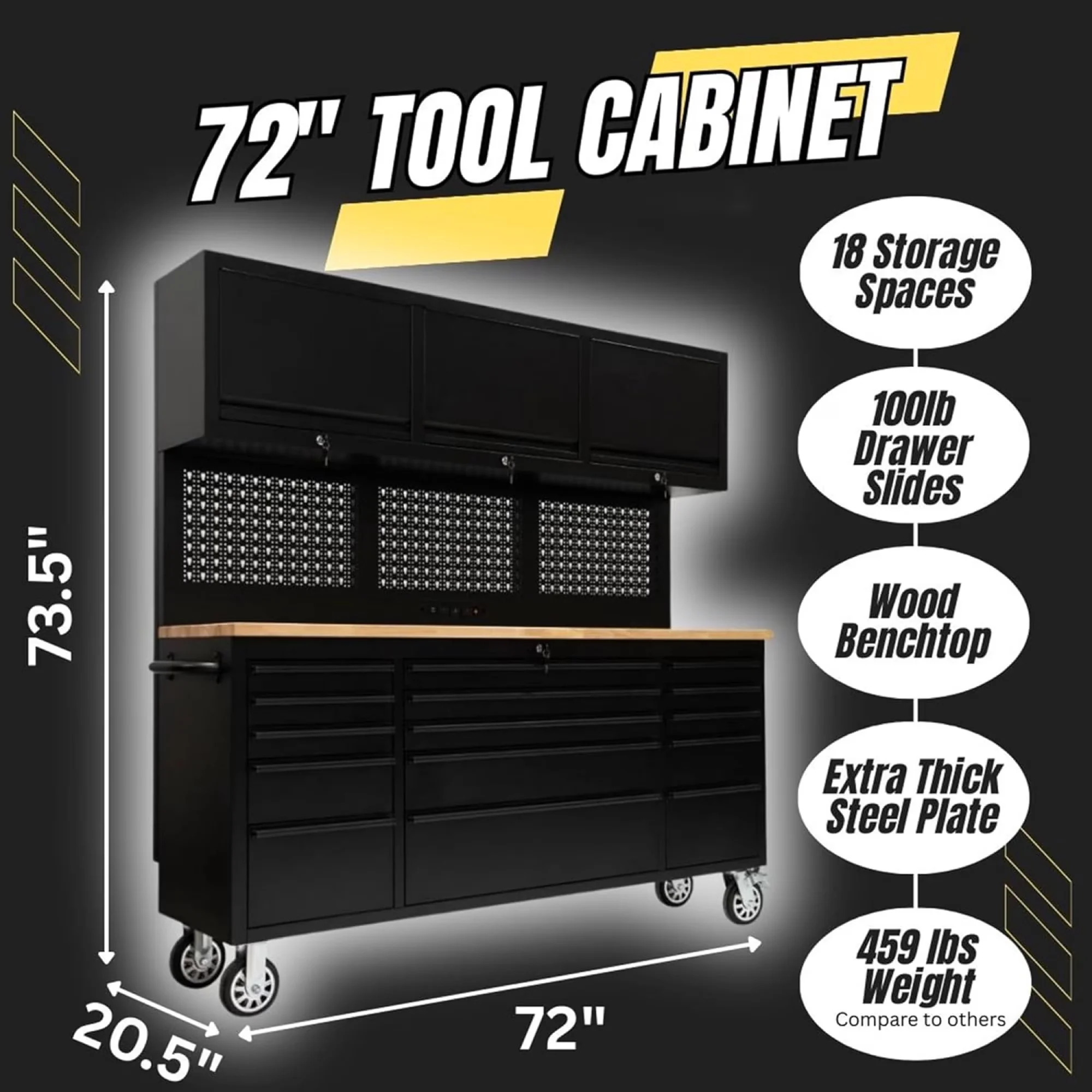 Toolstorage Classic with LED, Heavy-Duty, Caster Wheels - Black Metal & Wood for Garage Model 847009