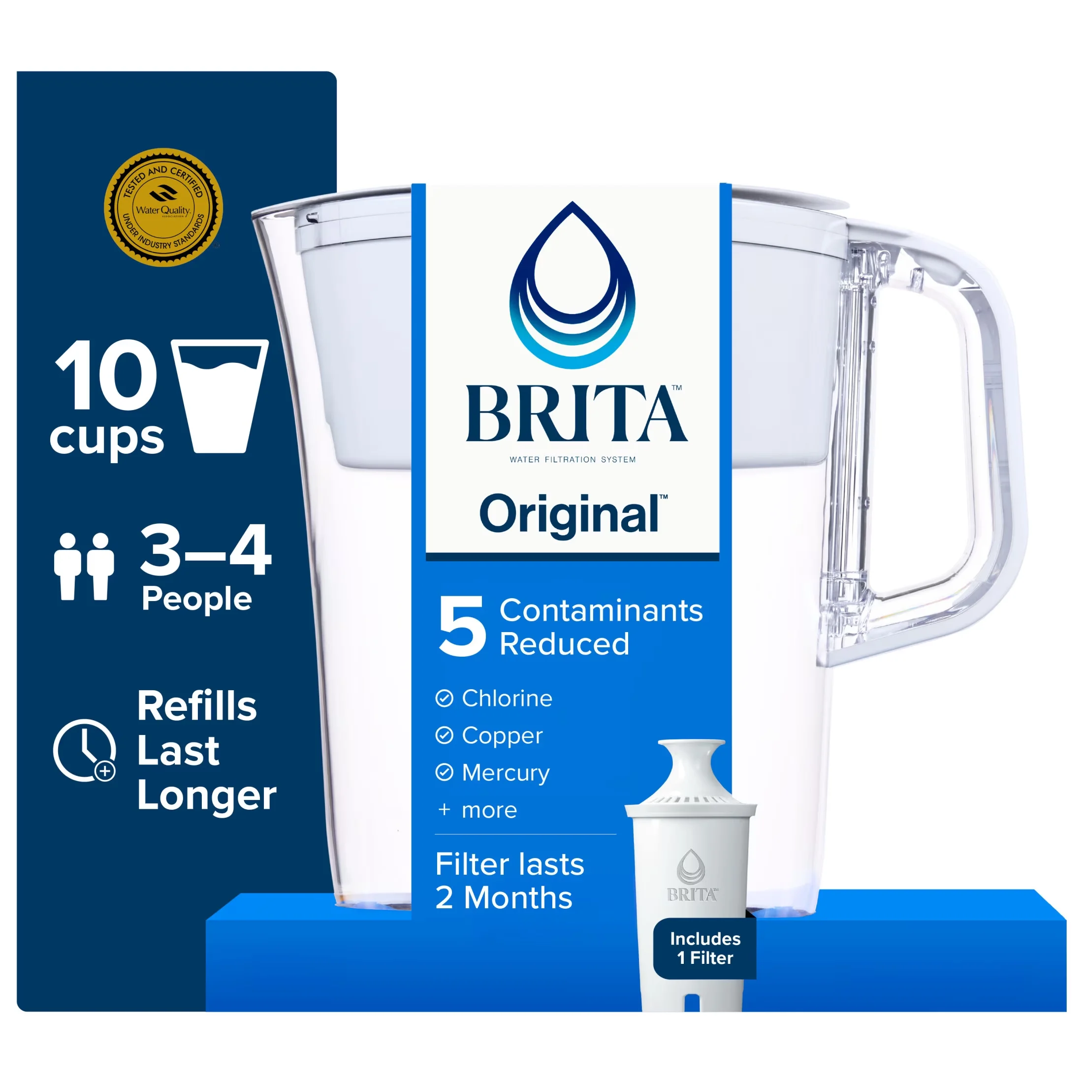 Efficient Water Filtration with Automatic Shut Off, White Plastic Pitcher, Standard 10-Cup - White Plastic Model 14CB2A