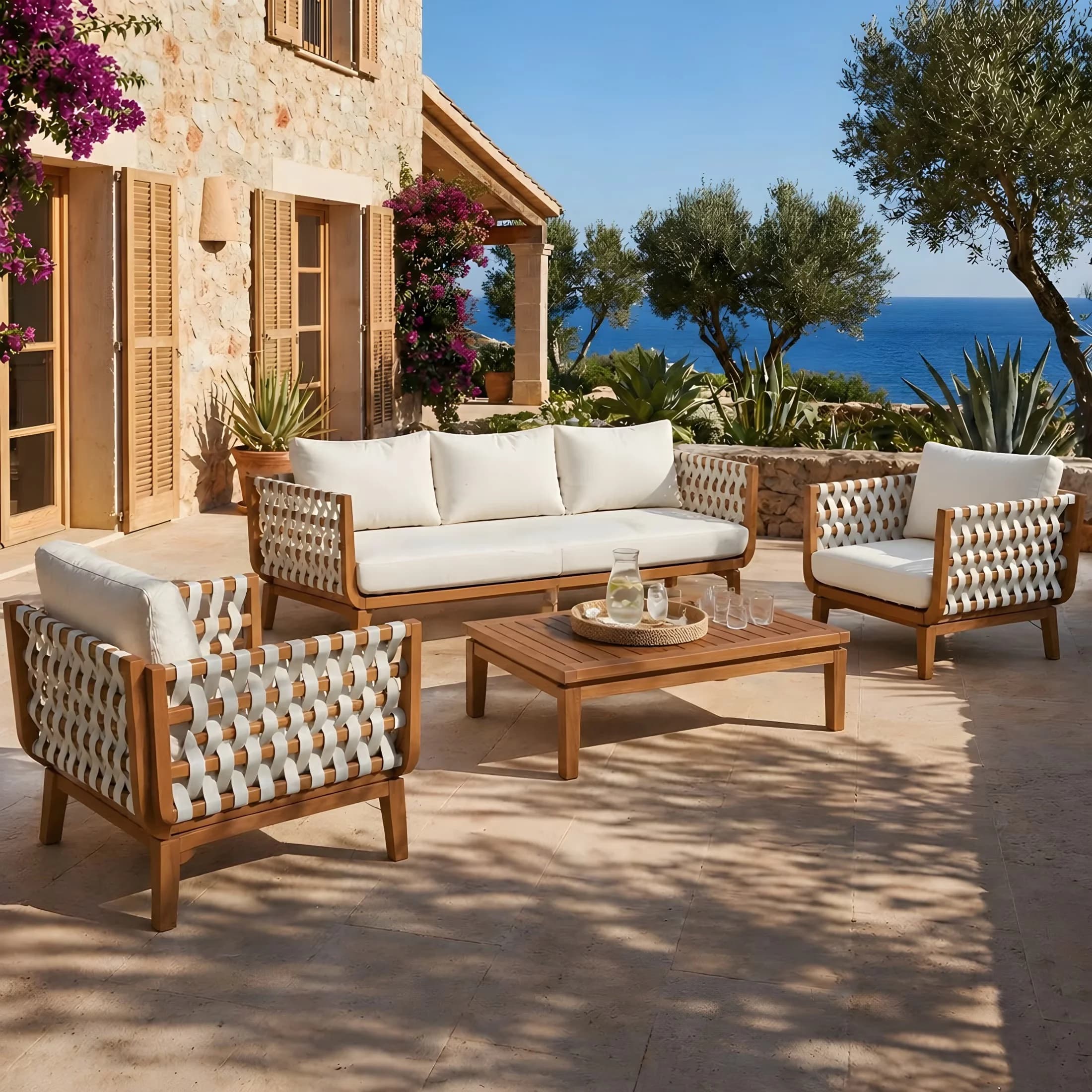 Sleek Patio Conversation Set with 4-Piece Boho Wood Outdoor, Beige Cushions - Acacia Wood + Rope + Repellent Cushion Brown Model 8E1F67