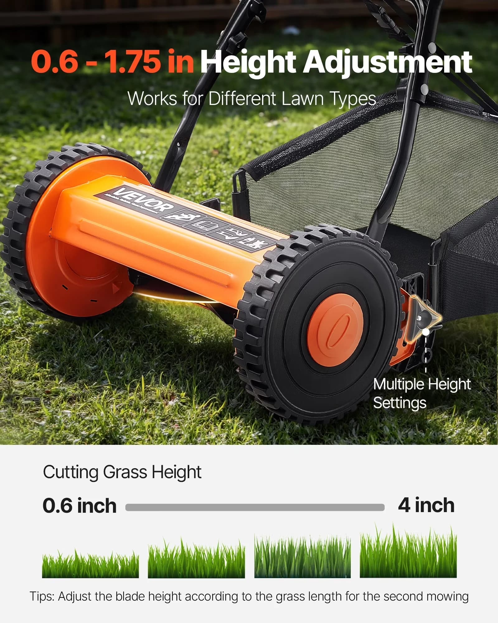 Sleek Push Mower with Reel Lawn 14 inch, 0.6-1.75 in Adjustable Cutting Height, Grass Catcher Bag - Orange Model AECBCF