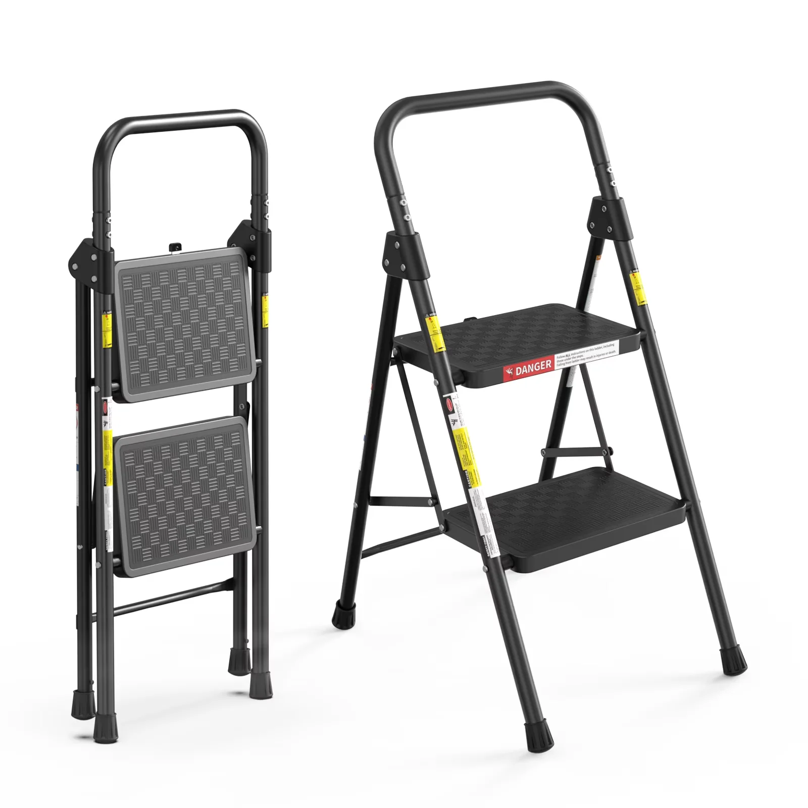 Innovative Ladders And Step Stool with Lock-On Button, Metal Frame, Collapsible - Black Steel Model 74F330