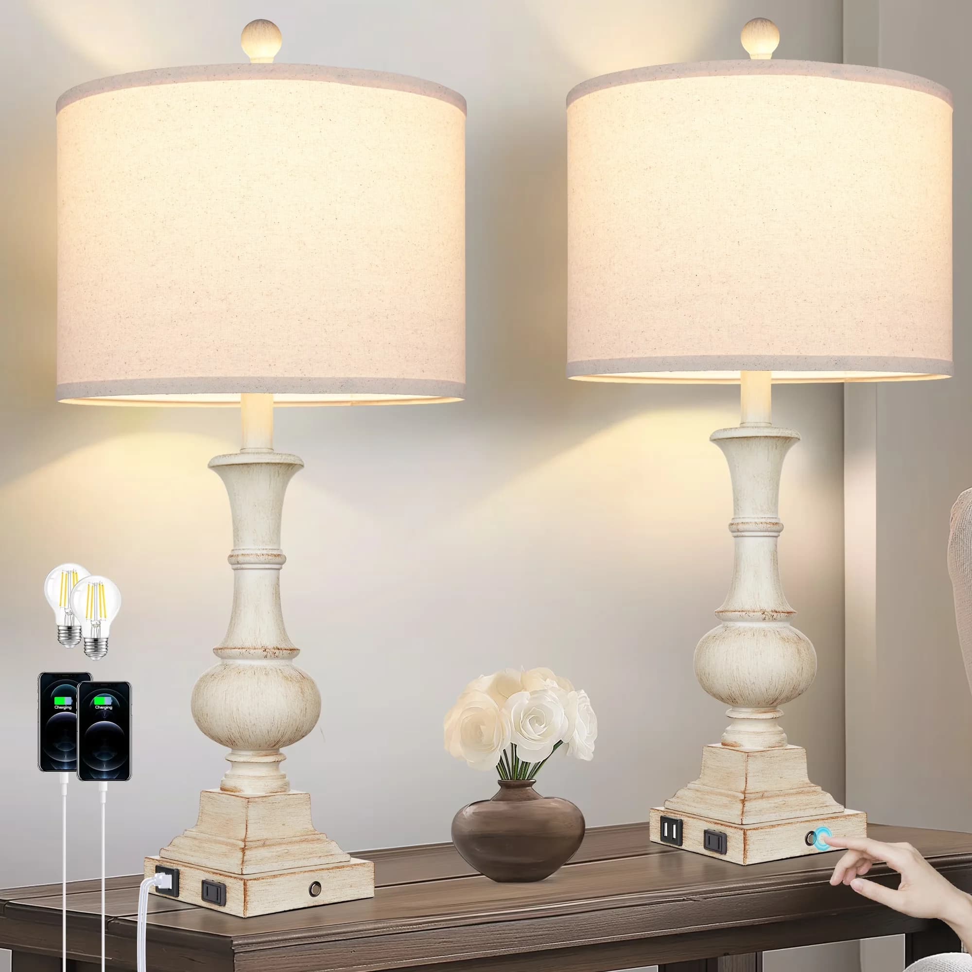 Classic Lamp Set with LED, Contemporary - Resin Beige for Living Room, Bedroom Model E84C17