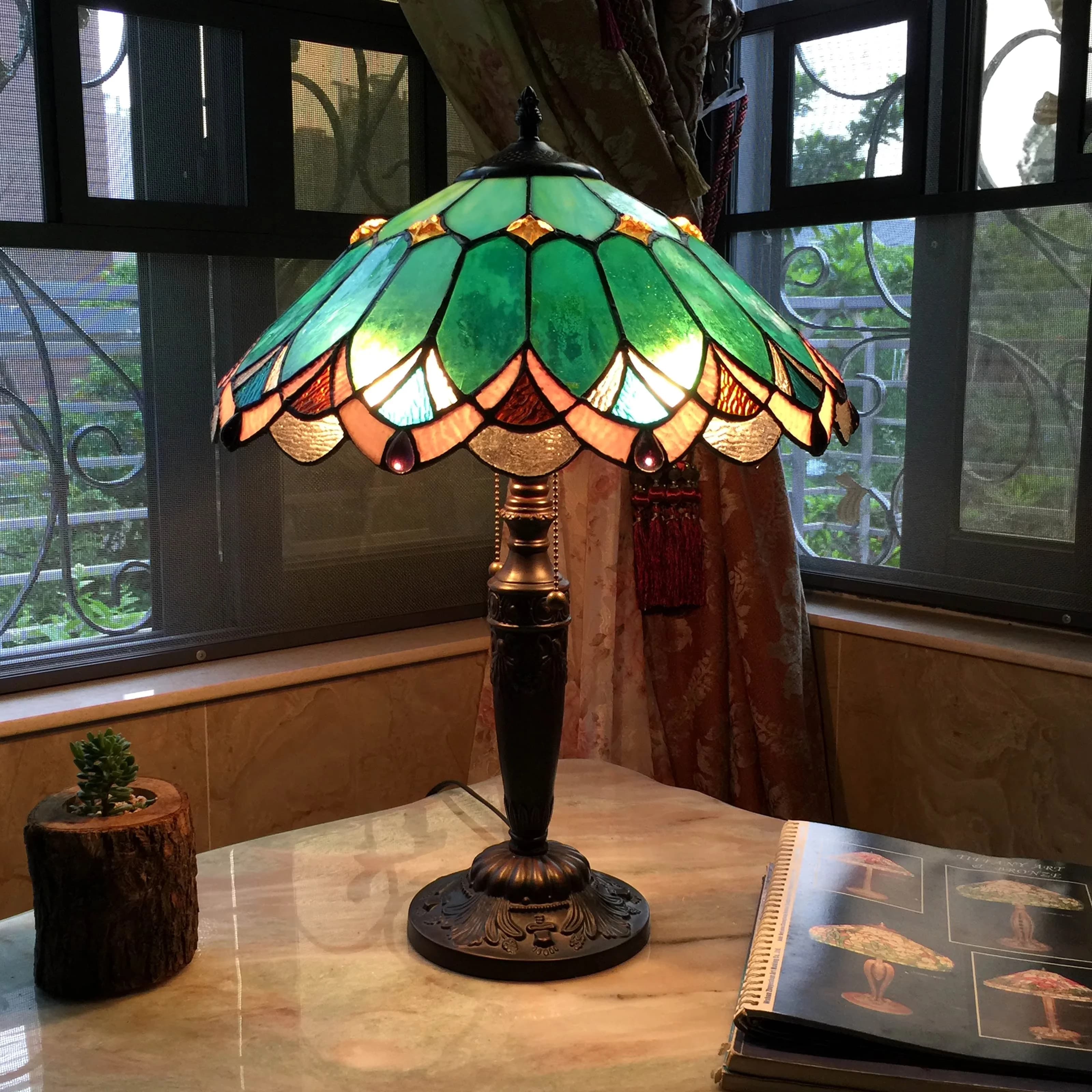 Table Lamp Innovative with Incandescent, Tiffany, Tiffany-Style 2 Light 16" Shade - Resin Green Model 4CF7FE
