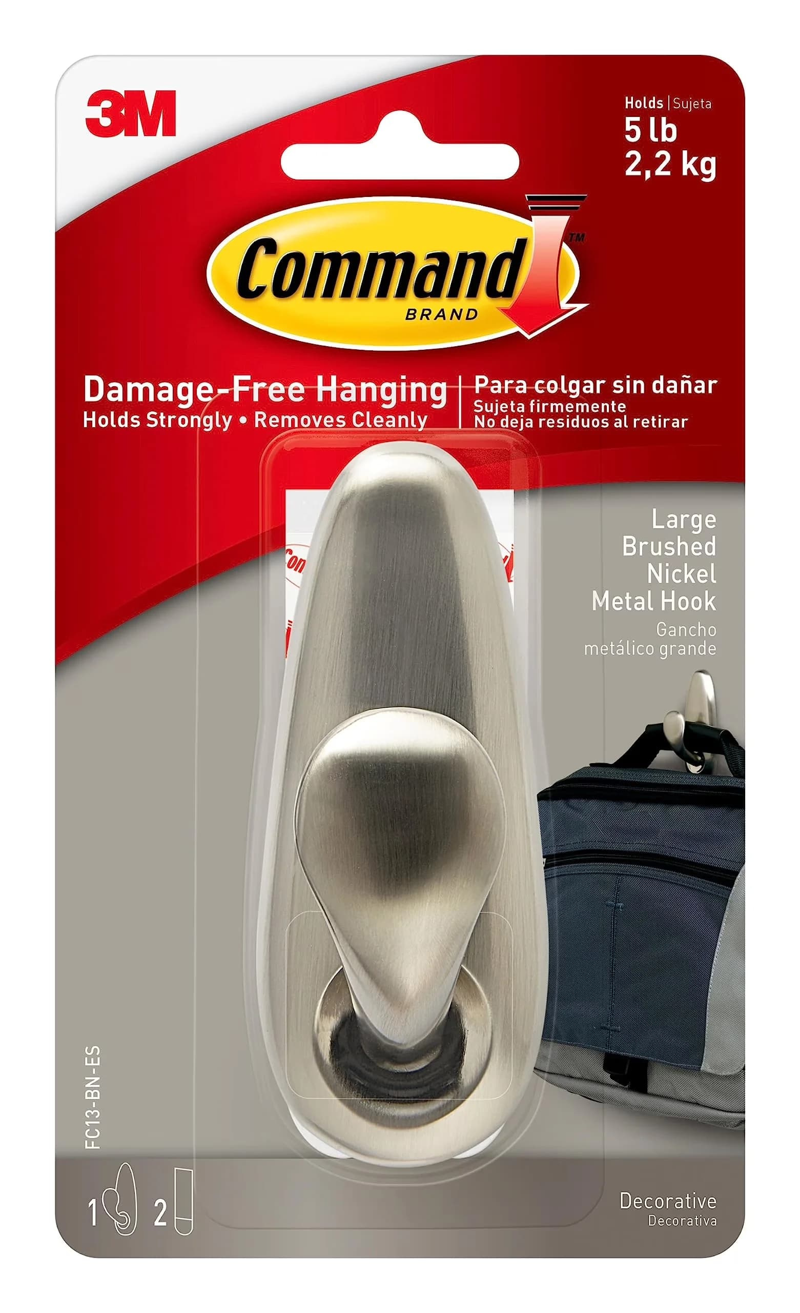 Reliable Damage-Free Hanging with Easy Clean, 1 Hook, FC13-BN - Metal Silver Model C2D4D9