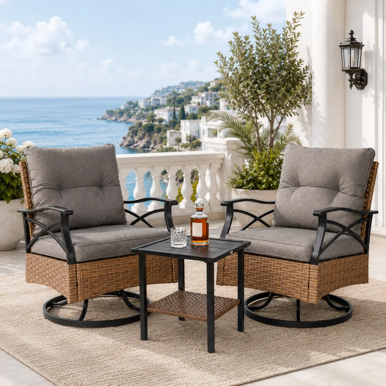 Patio Dining Set Professional with Outdoor Chair of 2, 2-Tier Table, 3 Pcs Furniture Clearance - Pe Rattan+Steel+Polyester... Model 80A9AD